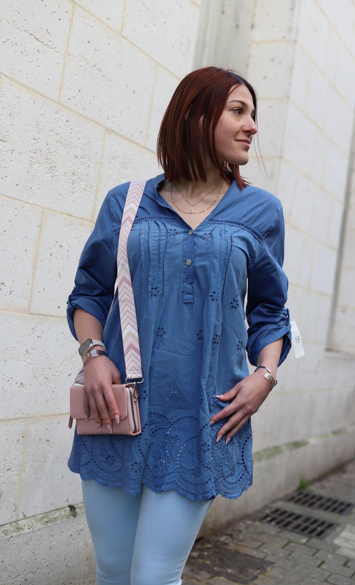Blouse Bohème en Broderie Anglaise Bleu jean - beautifulshop - boutique femme sur Angoulême