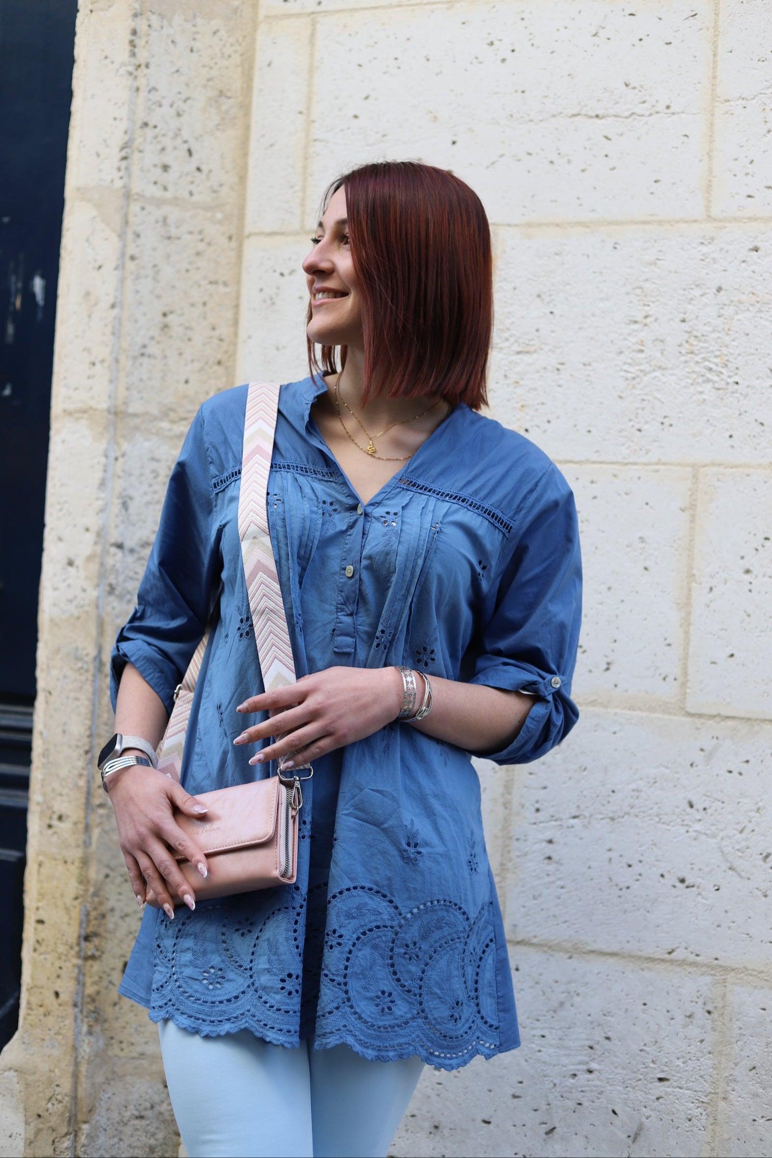Blouse Bohème en Broderie Anglaise Bleu jean - beautifulshop - boutique femme sur Angoulême