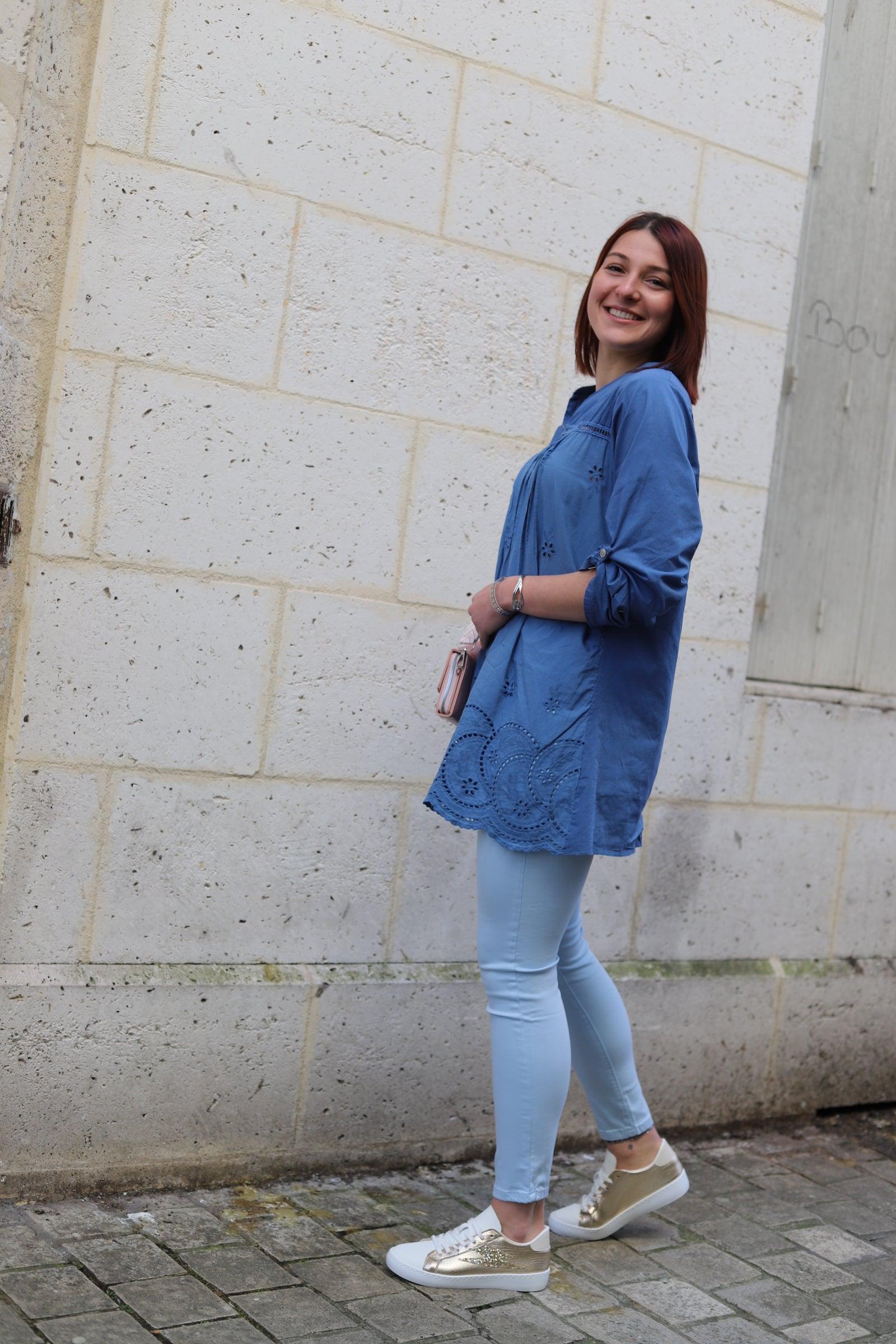 Blouse Bohème en Broderie Anglaise Bleu jean - beautifulshop - boutique femme sur Angoulême