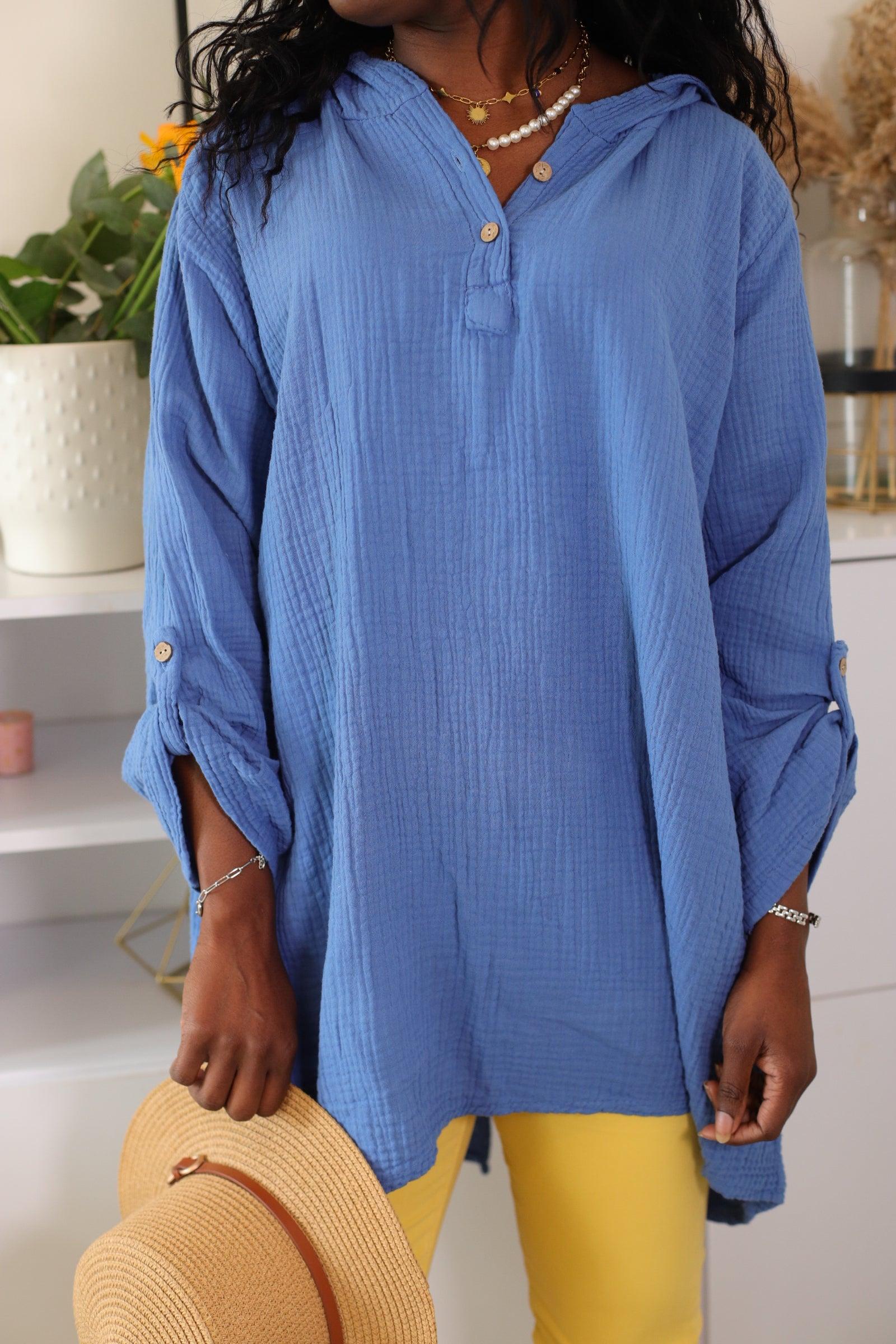 Blouse Oversize en Gaze de Coton Bleu - beautifulshop - vêtements femmes sur Angoulême