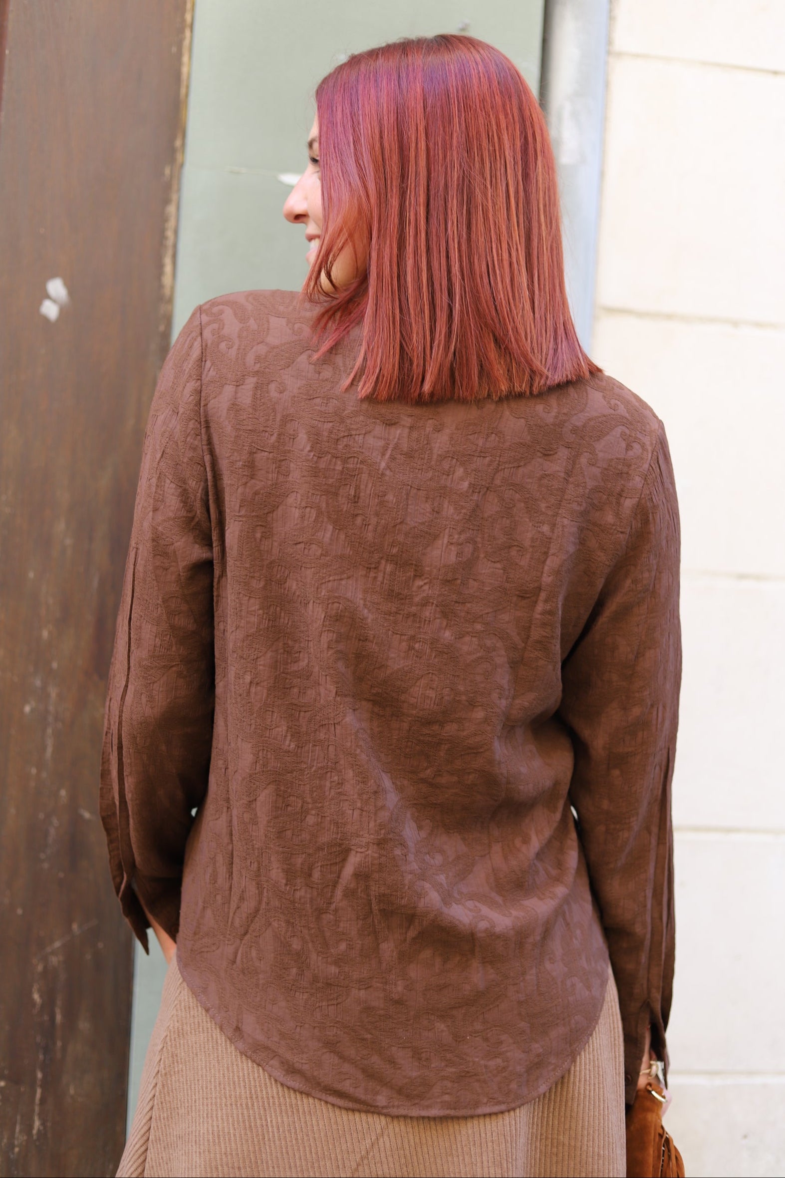Chemise Fluide Marron à Motif Ton sur Ton -beautifulshop