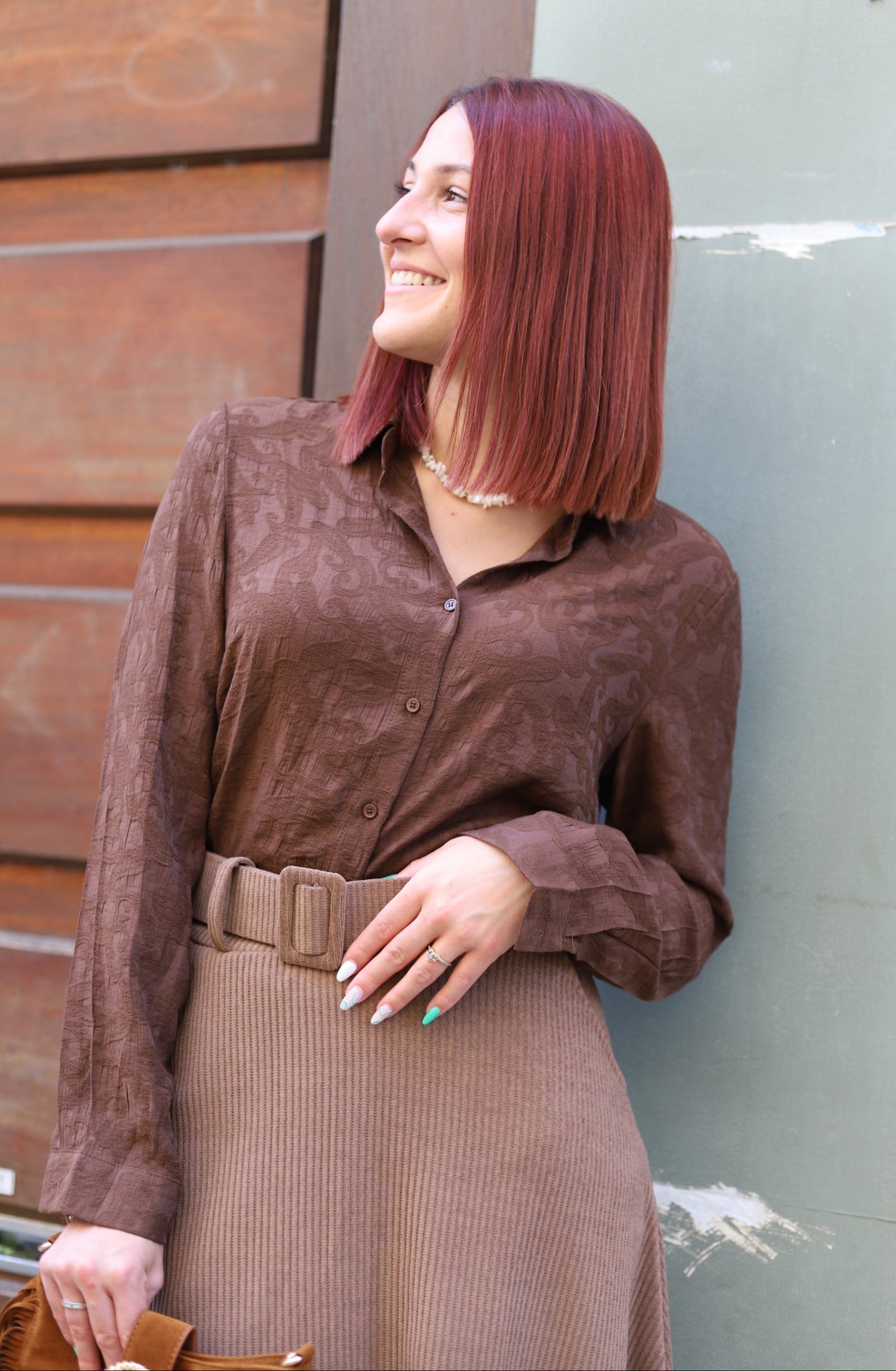 Chemise Fluide Marron à Motif Ton sur Ton -beautifulshop