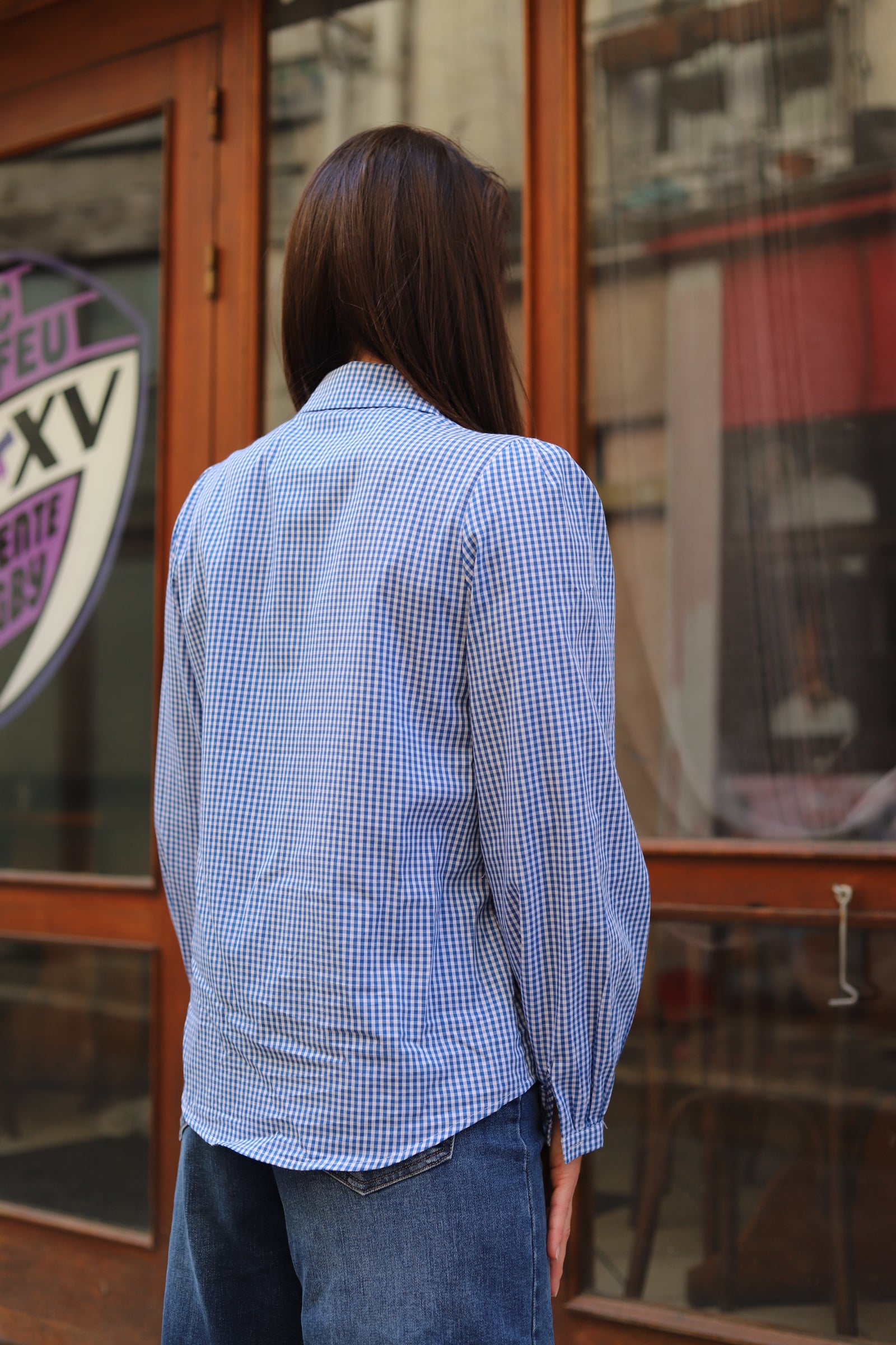 Chemise à carreaux brodée en coton – Bleu et blanc – Style bohème chic