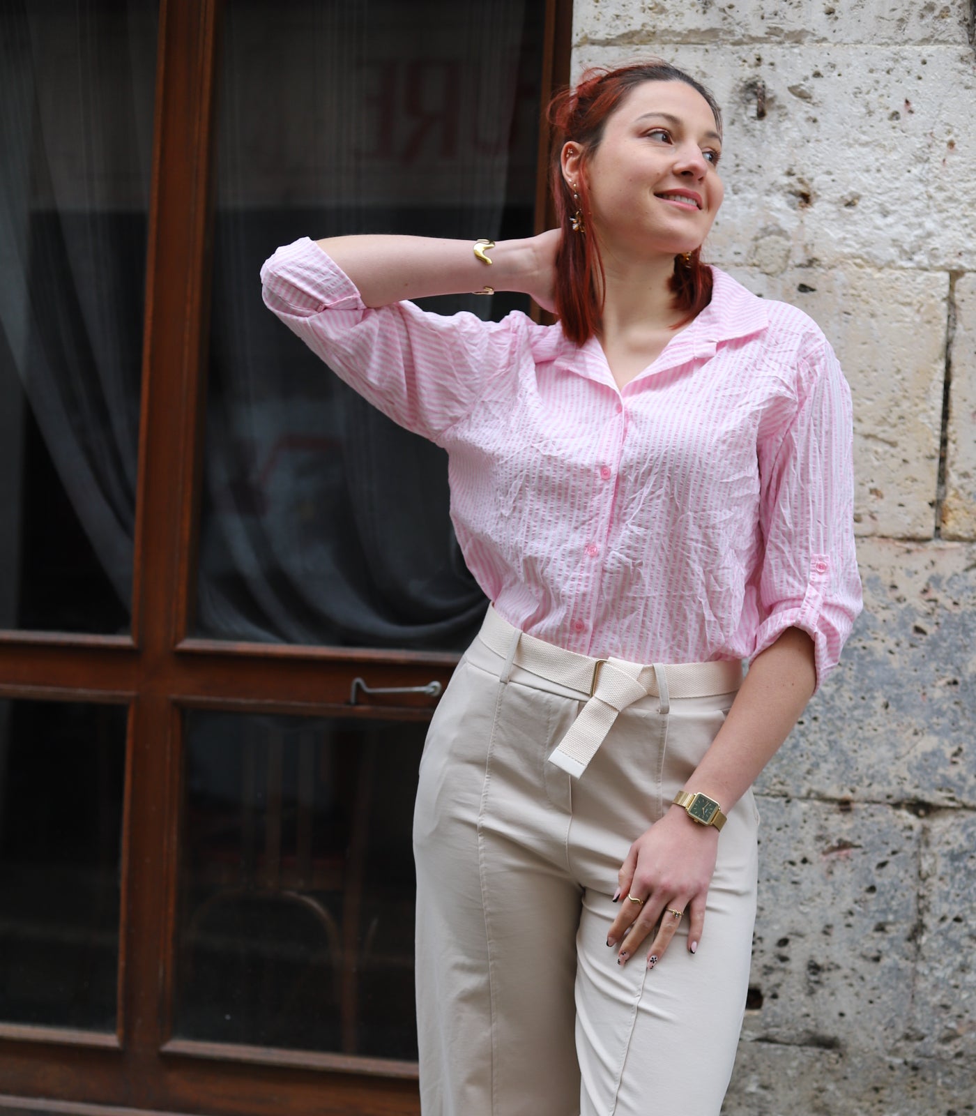 Chemise à rayures gaufrée rose