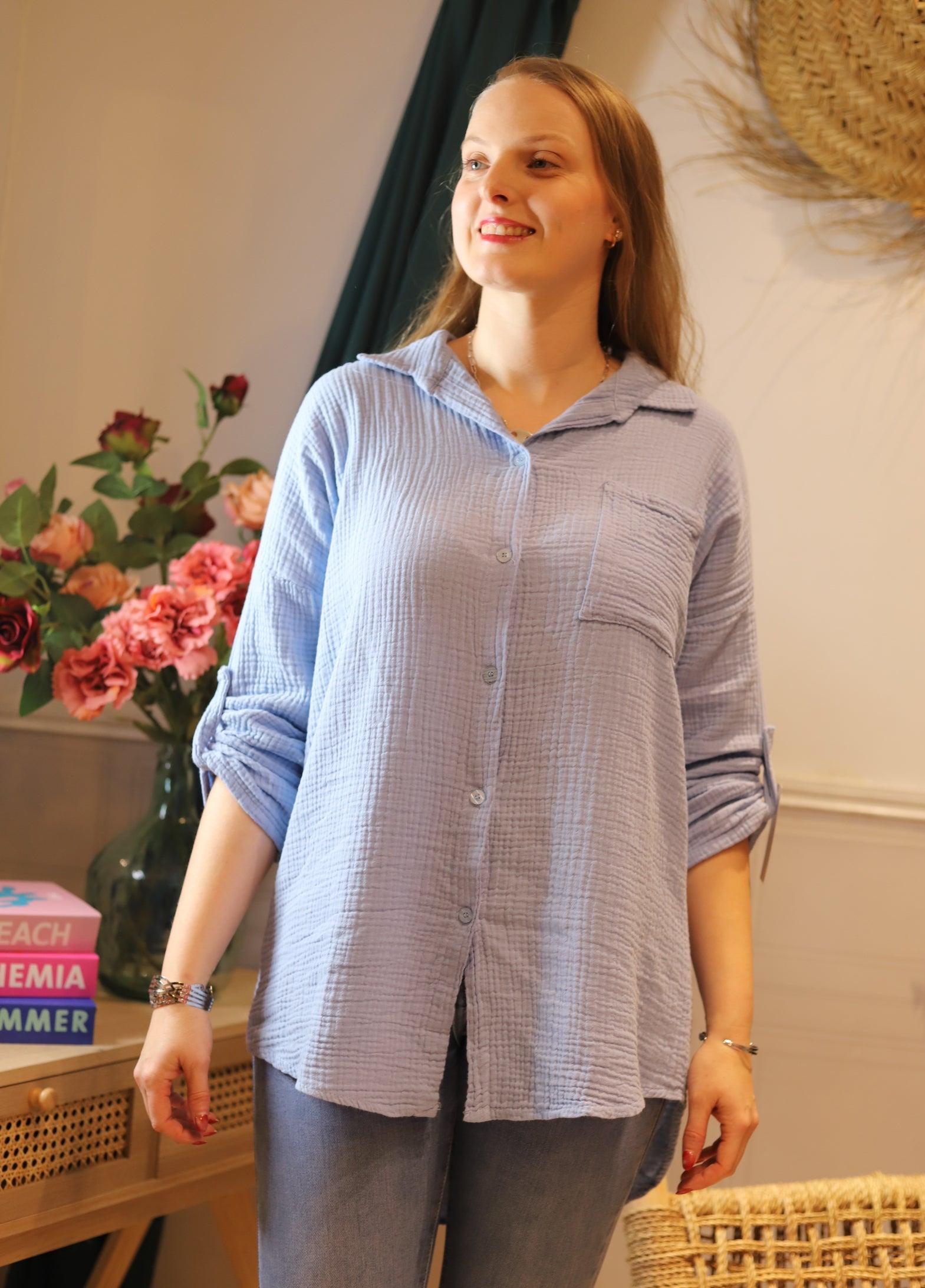 Chemisier en Gaze de Coton bleu ciel - beautifulshop - boutique de mode femme en Poitou Charente