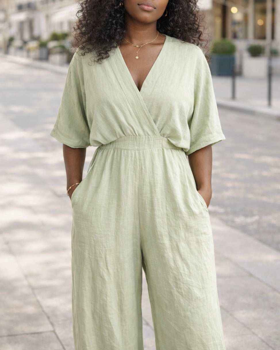 Combinaison fluide kaki femme cache-cœur