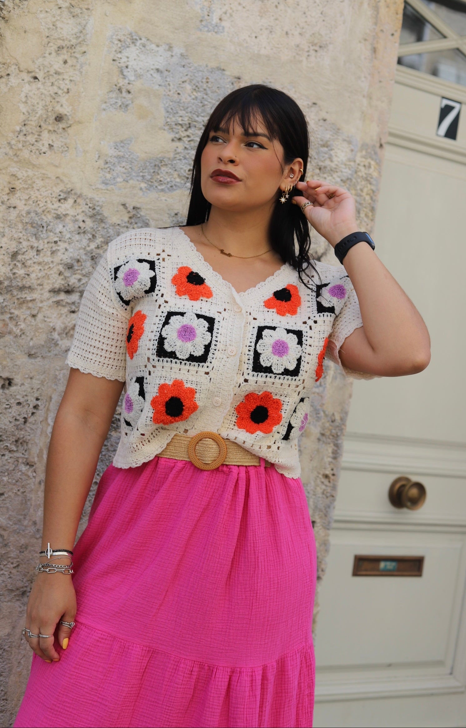 Gilet Crochet Fleuri – Style Bohème & Boutonné-beautifulshop