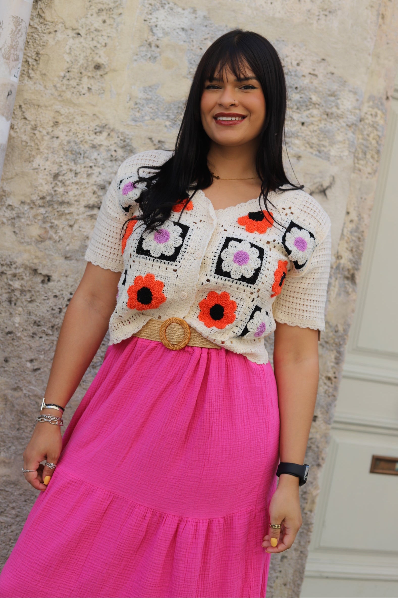 Gilet Crochet Fleuri – Style Bohème & Boutonné-beautifulshop