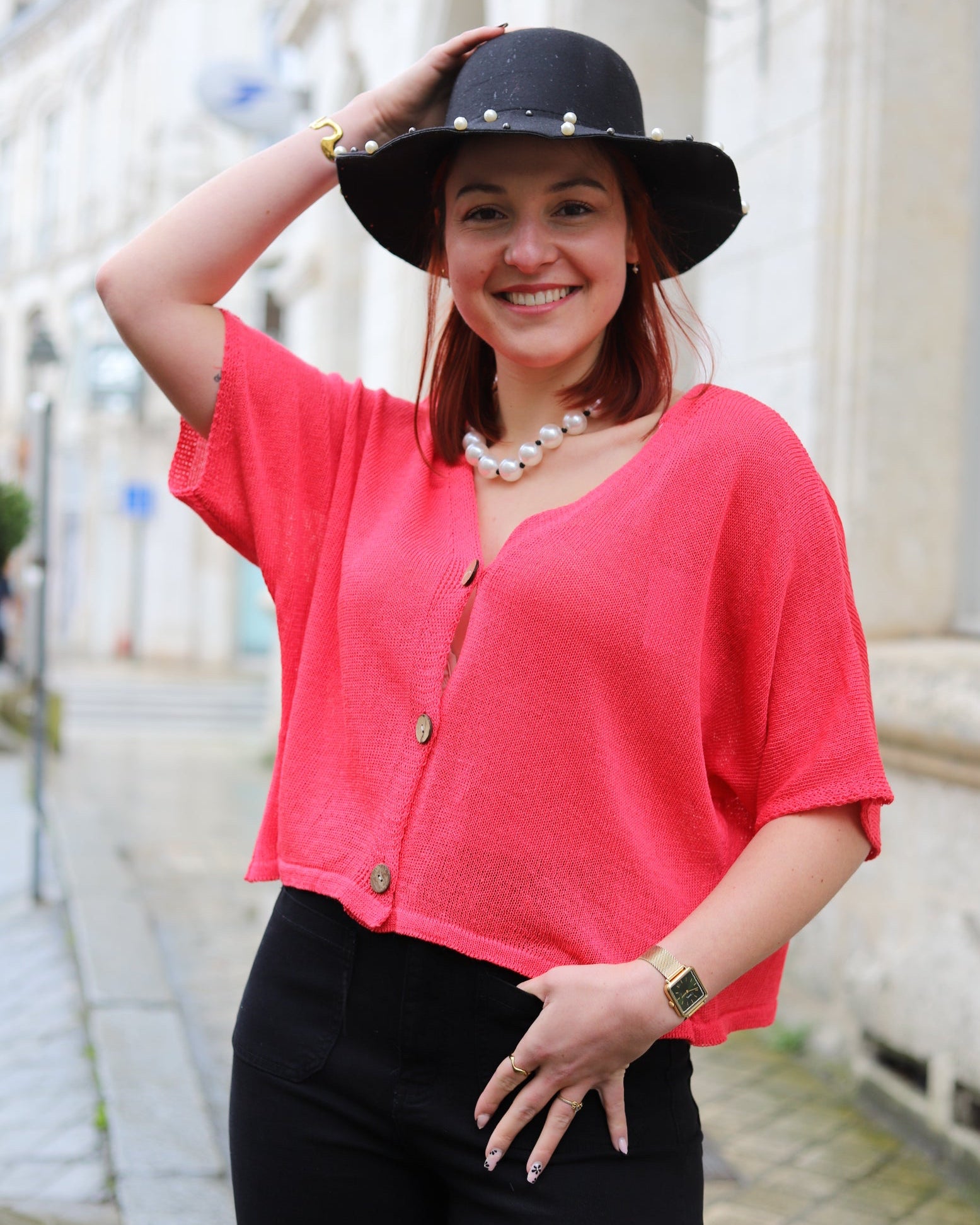 Gilet Kimono Framboise en Maille Coton