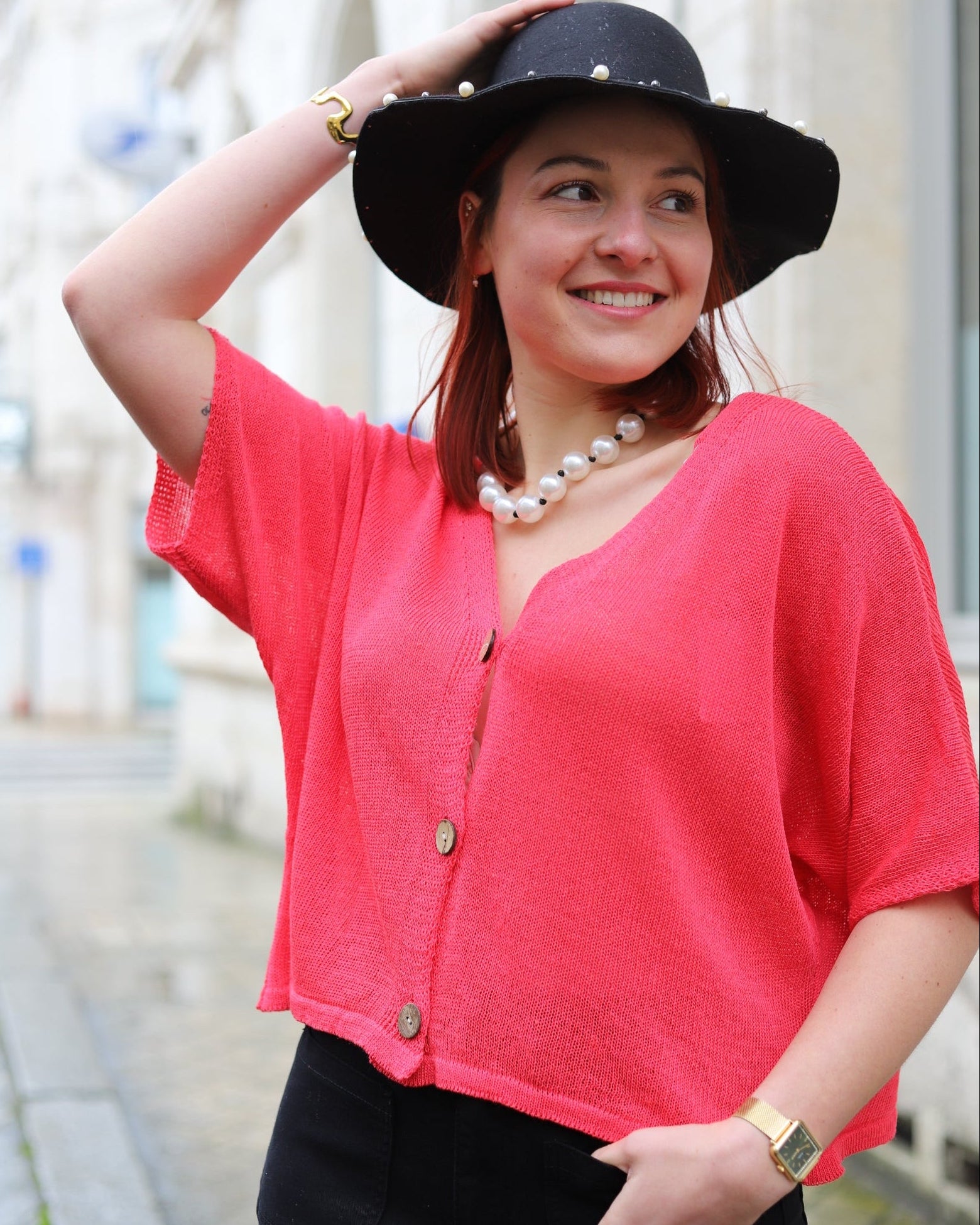Gilet Kimono Framboise en Maille Coton