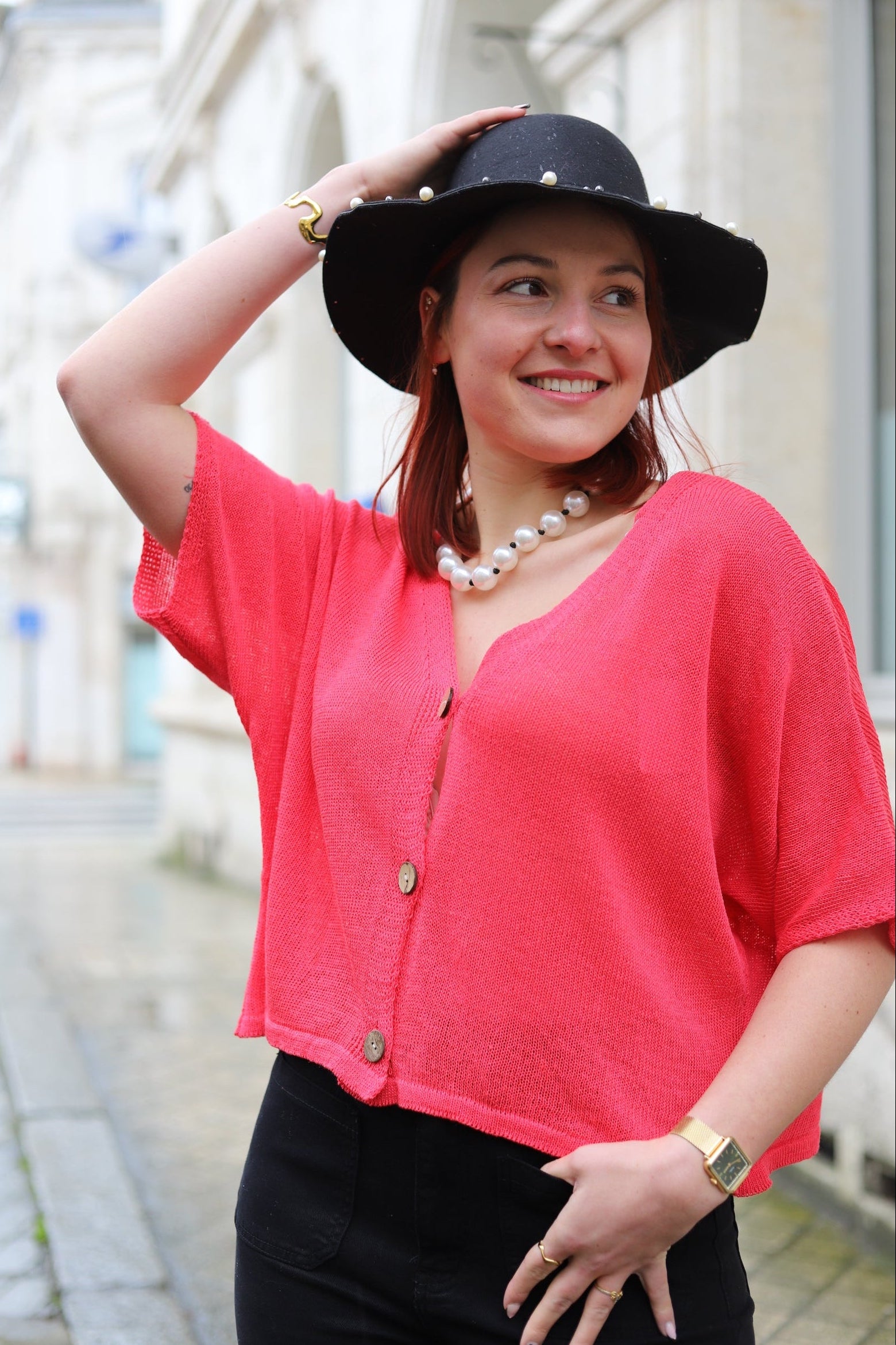 Gilet Kimono Framboise en Maille Coton