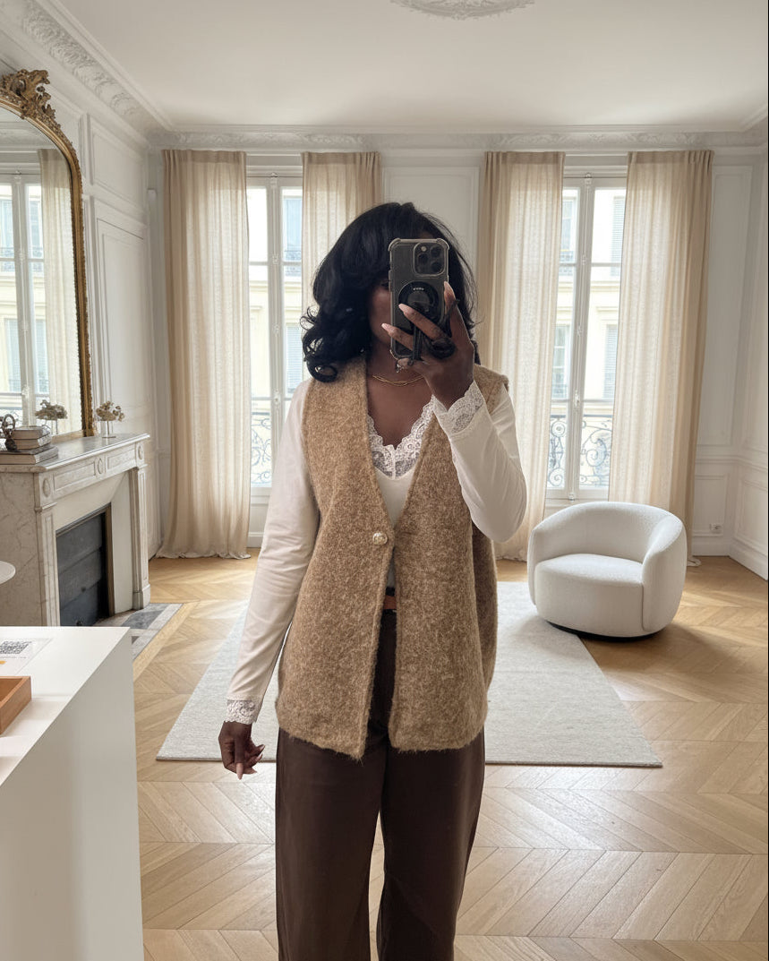 Gilet Sans Manches Texturé Camel | Élégance Casual & Confort