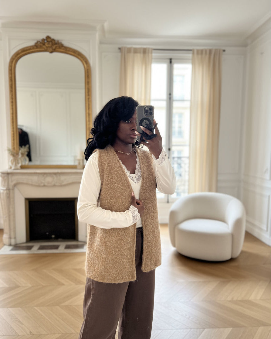 Gilet Sans Manches Texturé Camel | Élégance Casual & Confort-beautifulshop