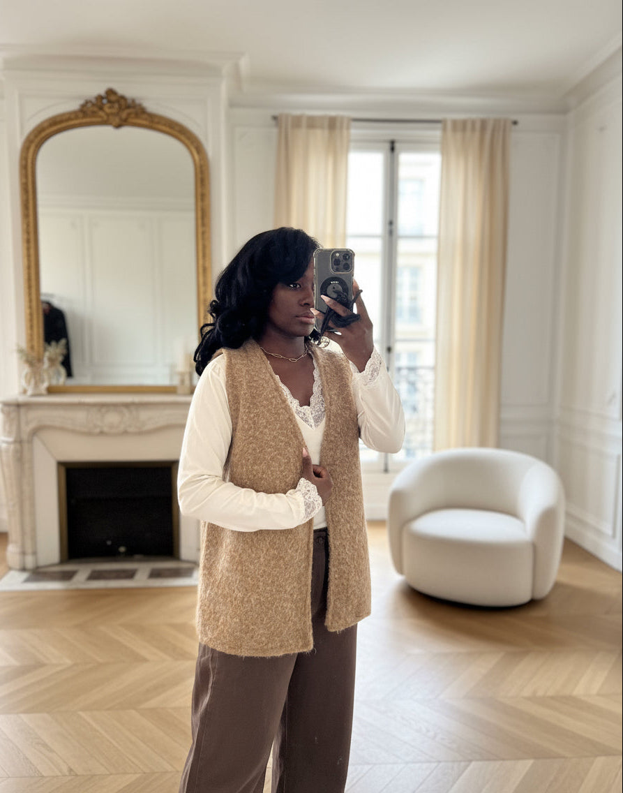 Gilet Sans Manches Texturé Camel | Élégance Casual & Confort-beautifulshop