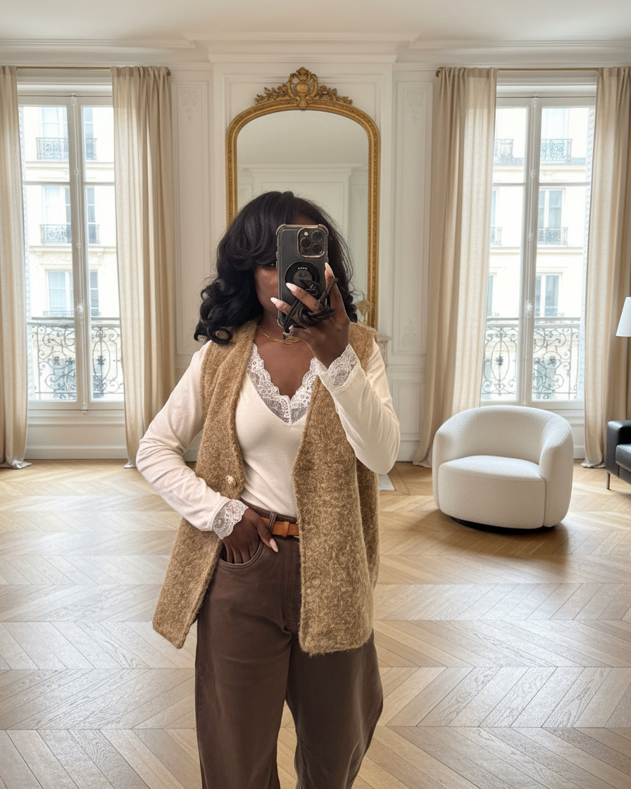 Gilet Sans Manches Texturé Camel | Élégance Casual & Confort-beautifulshop
