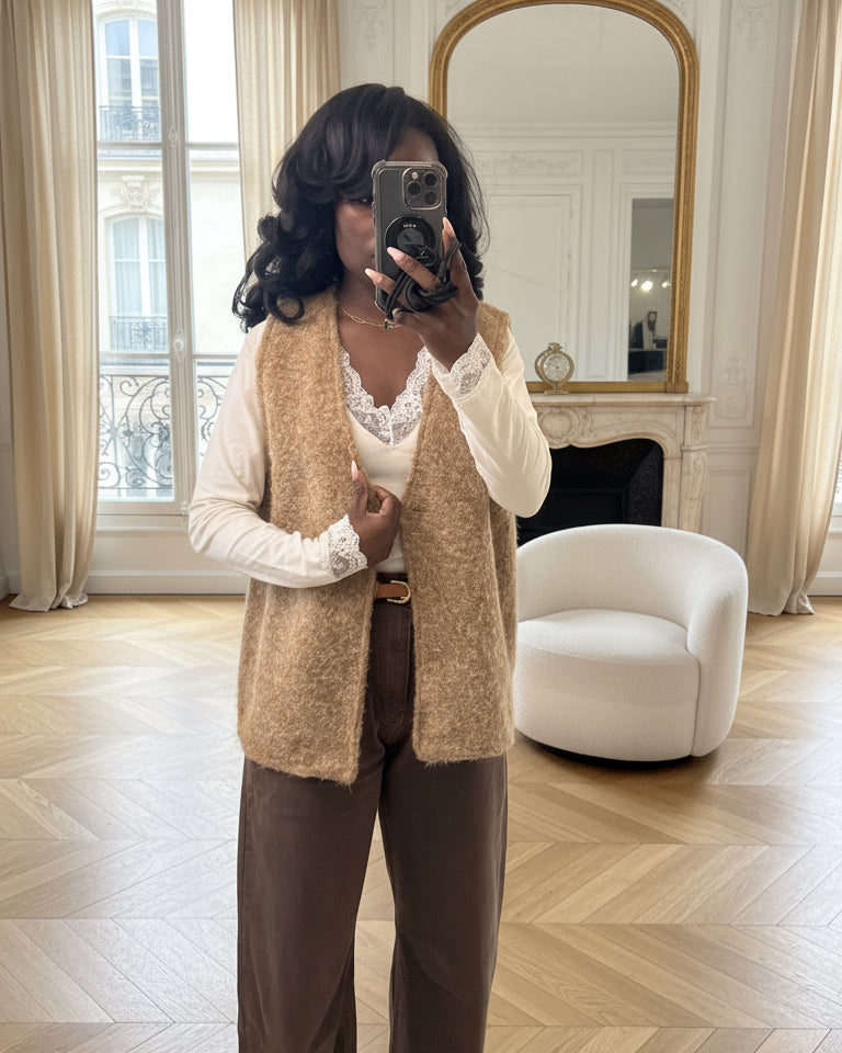 Gilet Sans Manches Texturé Camel | Élégance Casual & Confort-beautifulshop