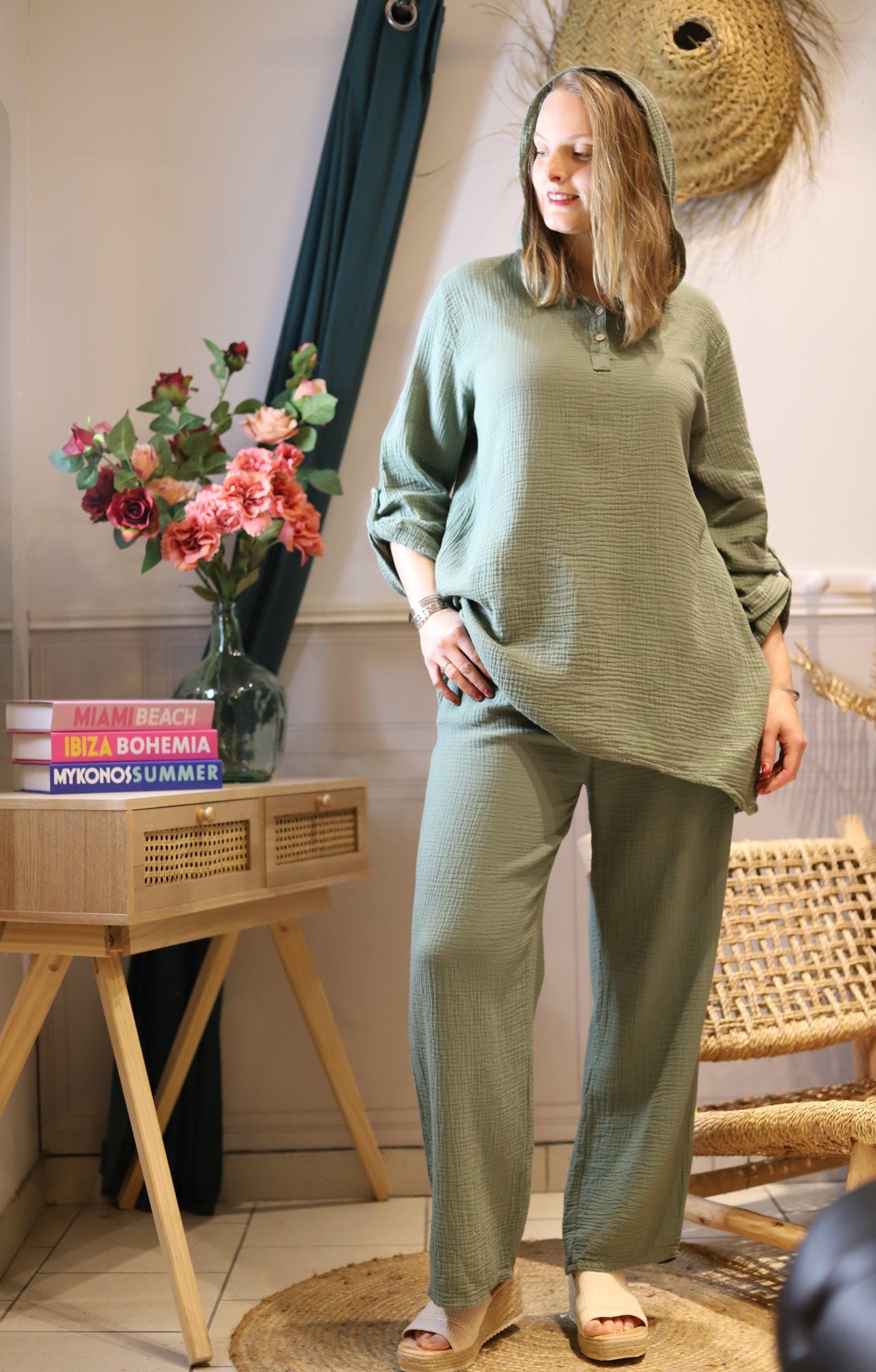 Blouse Oversize en Gaze de Coton kaki - beautifulshop - boutique de vêtements femmes bohème sur Angoulême