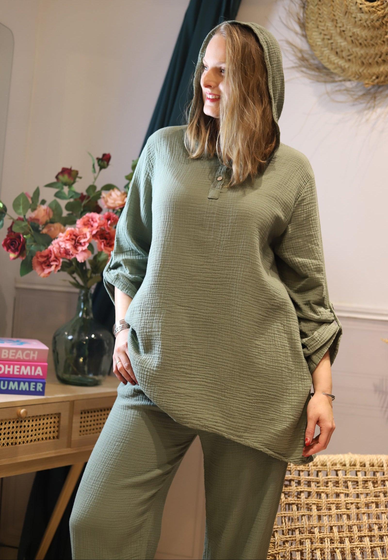 Blouse Oversize en Gaze de Coton kaki - beautifulshop - boutique de vêtements femmes bohème sur Angoulême