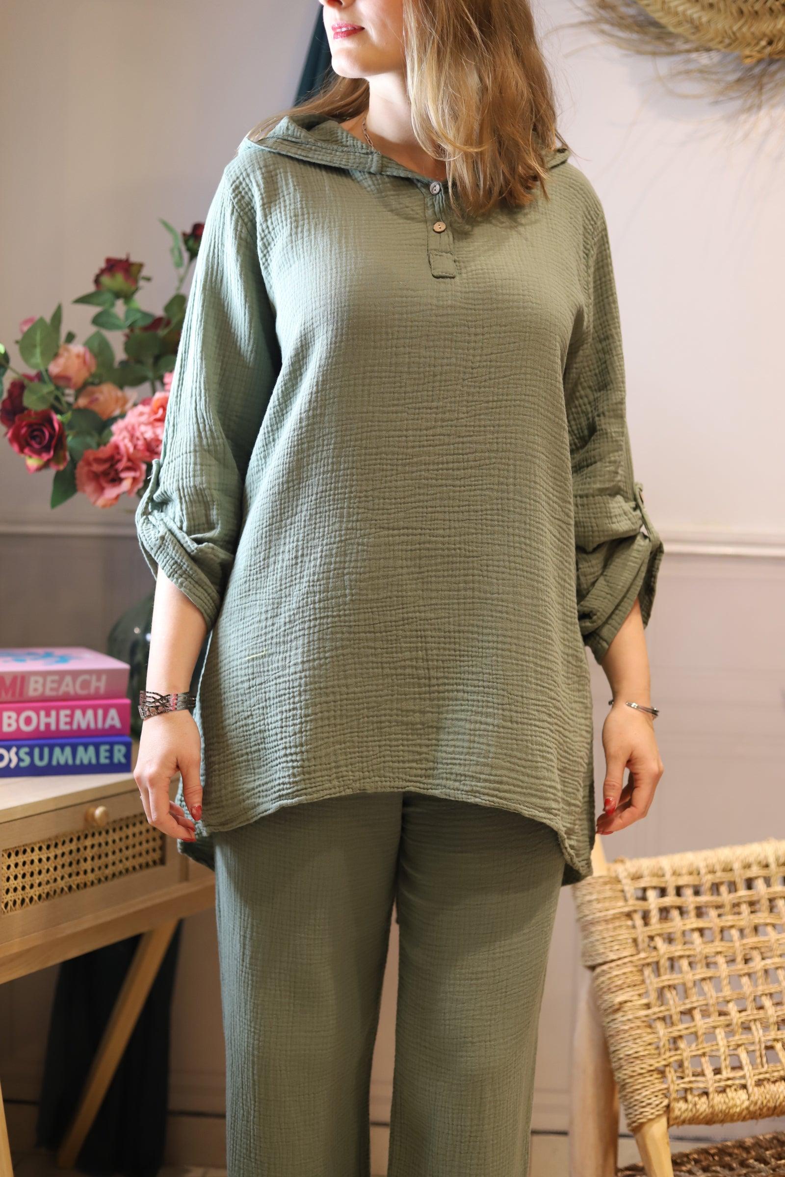Blouse Oversize en Gaze de Coton kaki - beautifulshop - boutique de vêtements femmes bohème sur Angoulême