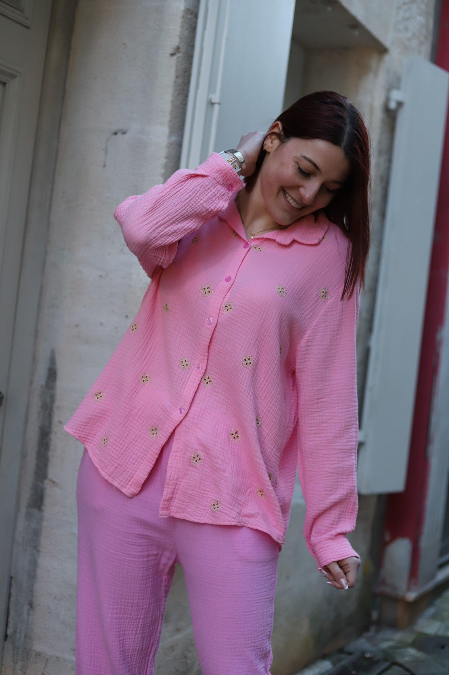Chemisier en Gaze de Coton à Broderies Dorées rose - beautifulshop - boutique femme en poitou Charente