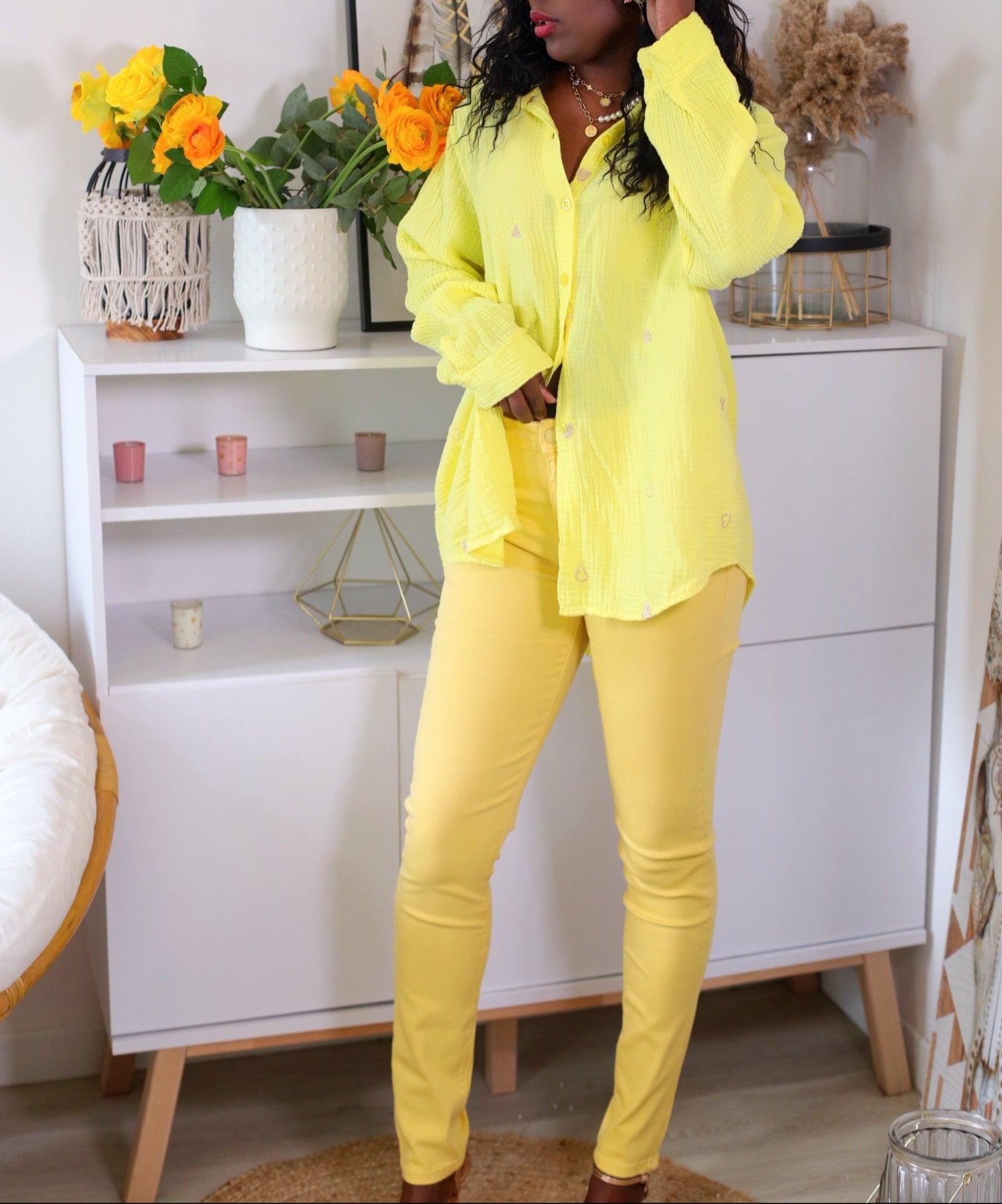 Chemisier en Gaze de Coton à Broderies Dorées jaune - beautifulshop - boutique mode en Poitou Charente