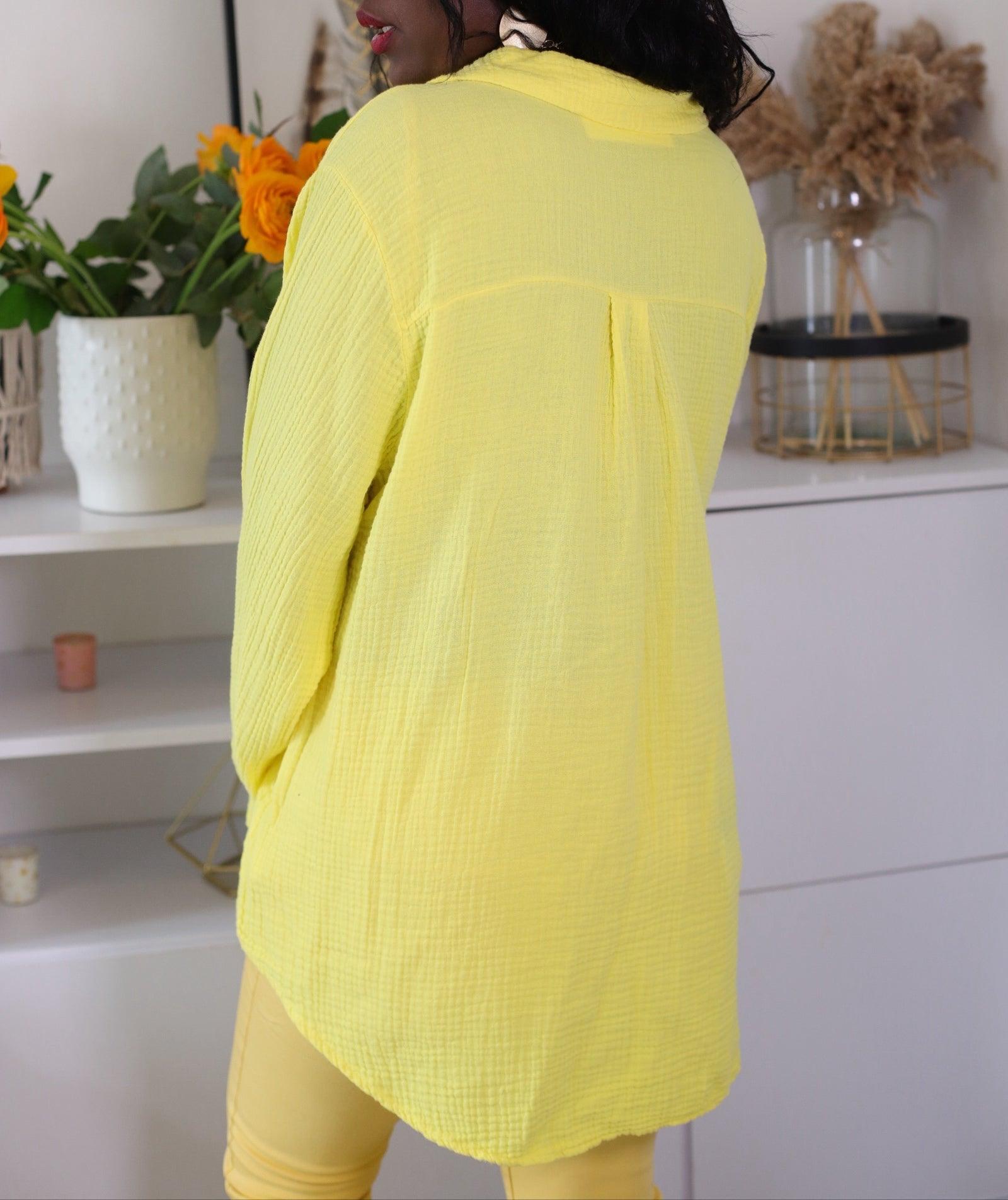 Chemisier en Gaze de Coton à Broderies Dorées jaune - beautifulshop - boutique mode en Poitou Charente