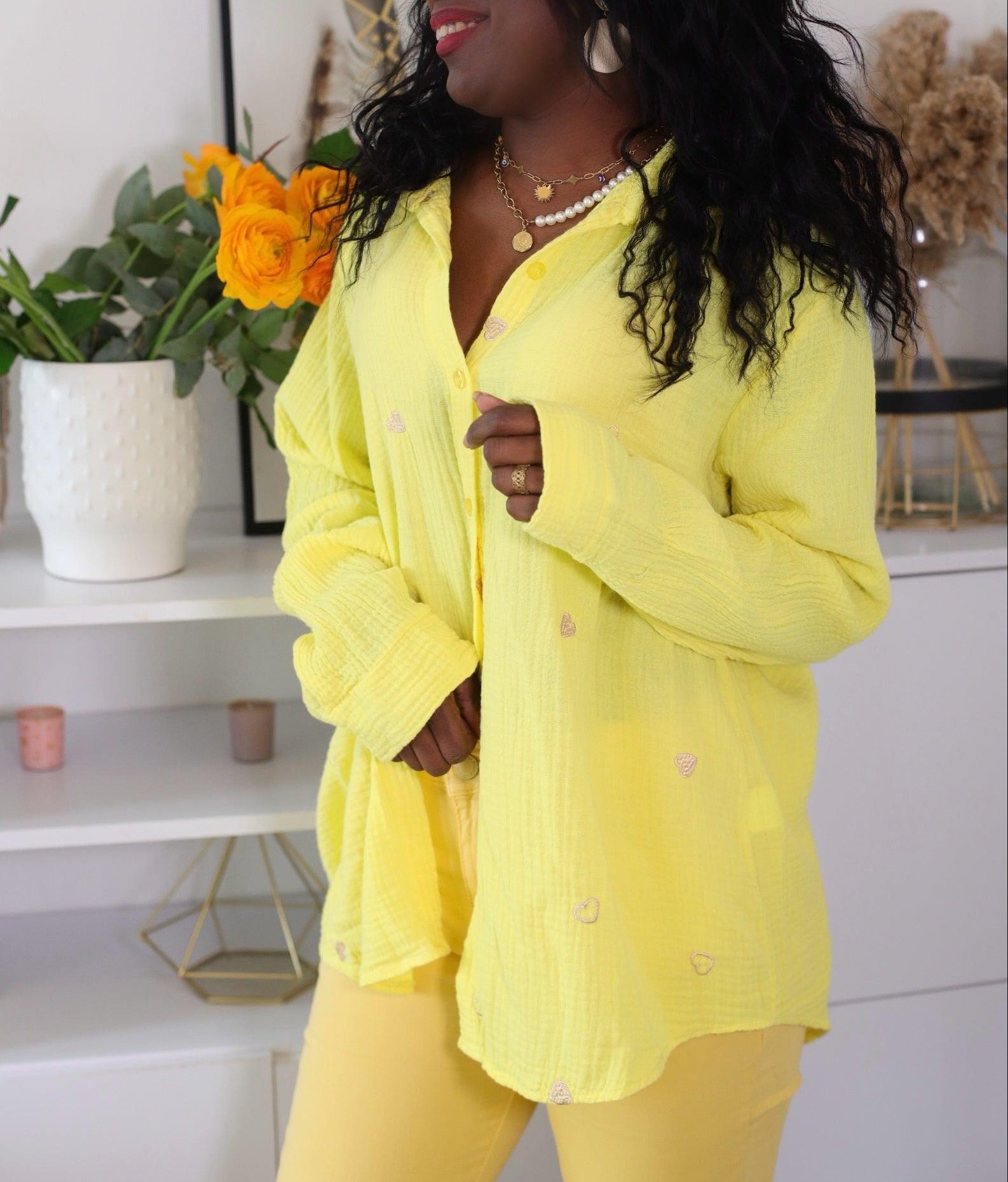 Chemisier en Gaze de Coton à Broderies Dorées jaune - beautifulshop - boutique mode en Poitou Charente