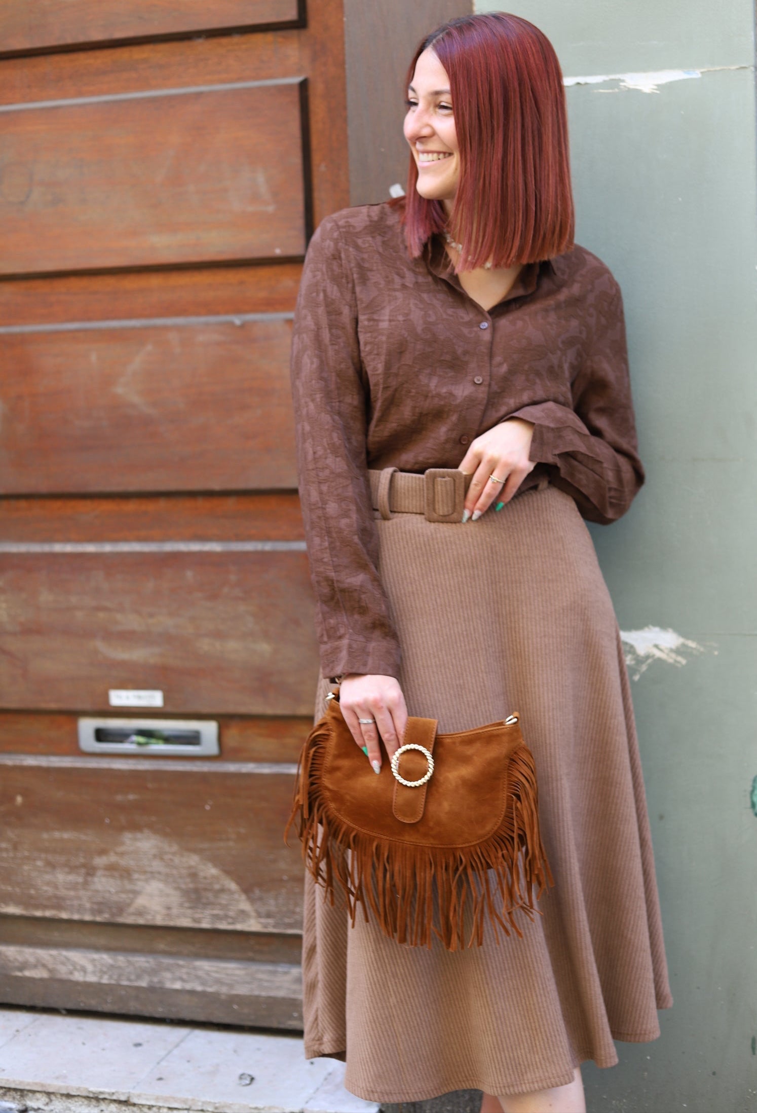 Jupe Midi Trapèze en Velours à Ceinture-beautifulshop