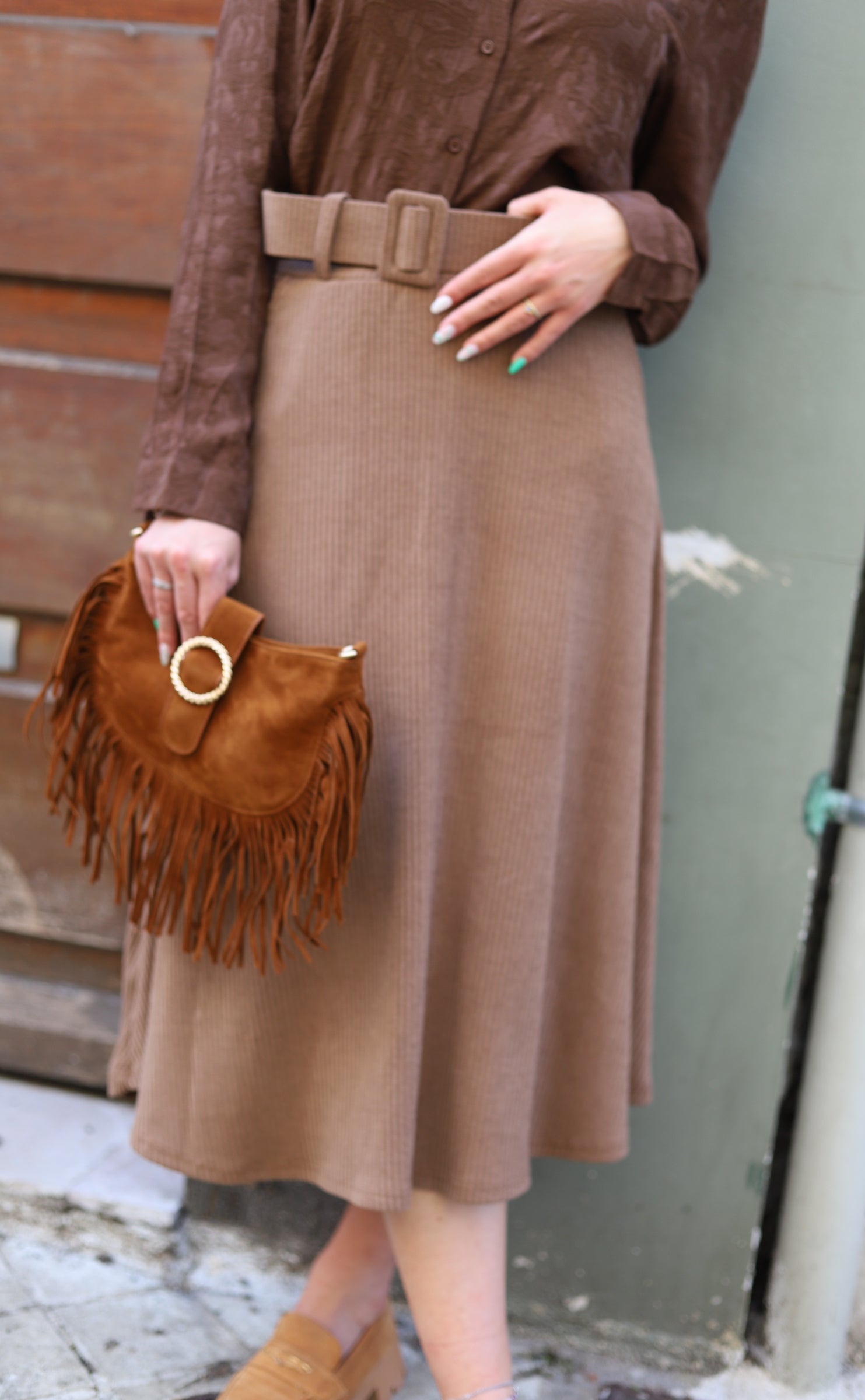 Jupe Midi Trapèze en Velours à Ceinture-beautifulshop