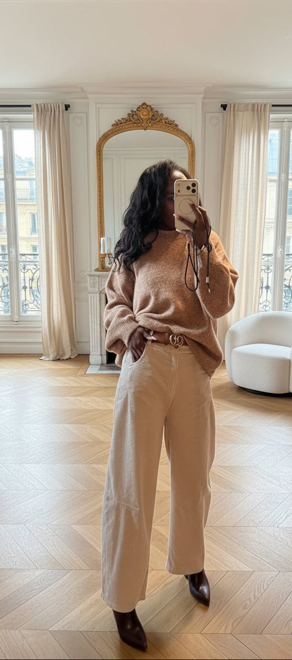 Pantalon Droit en Velours Beige