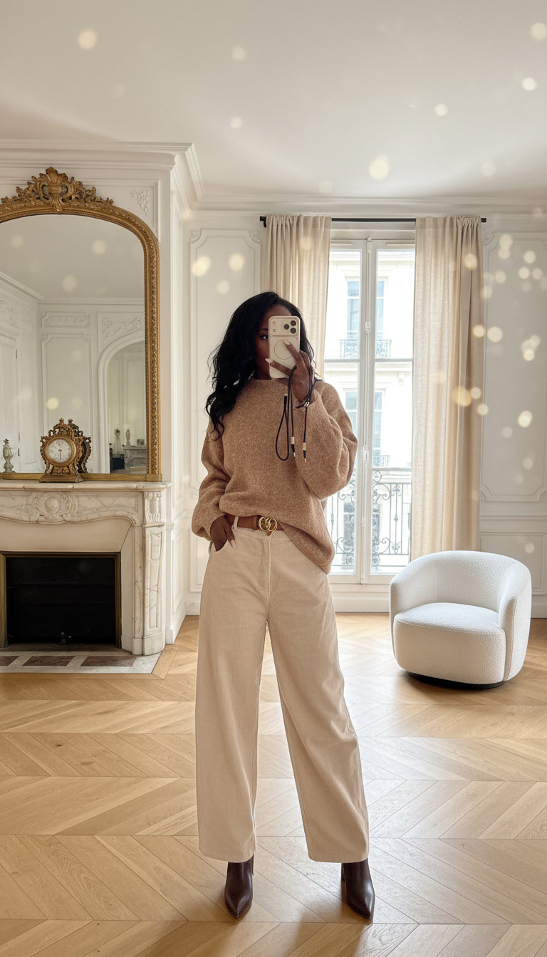 Pantalon Droit en Velours Beige-beautifulshop