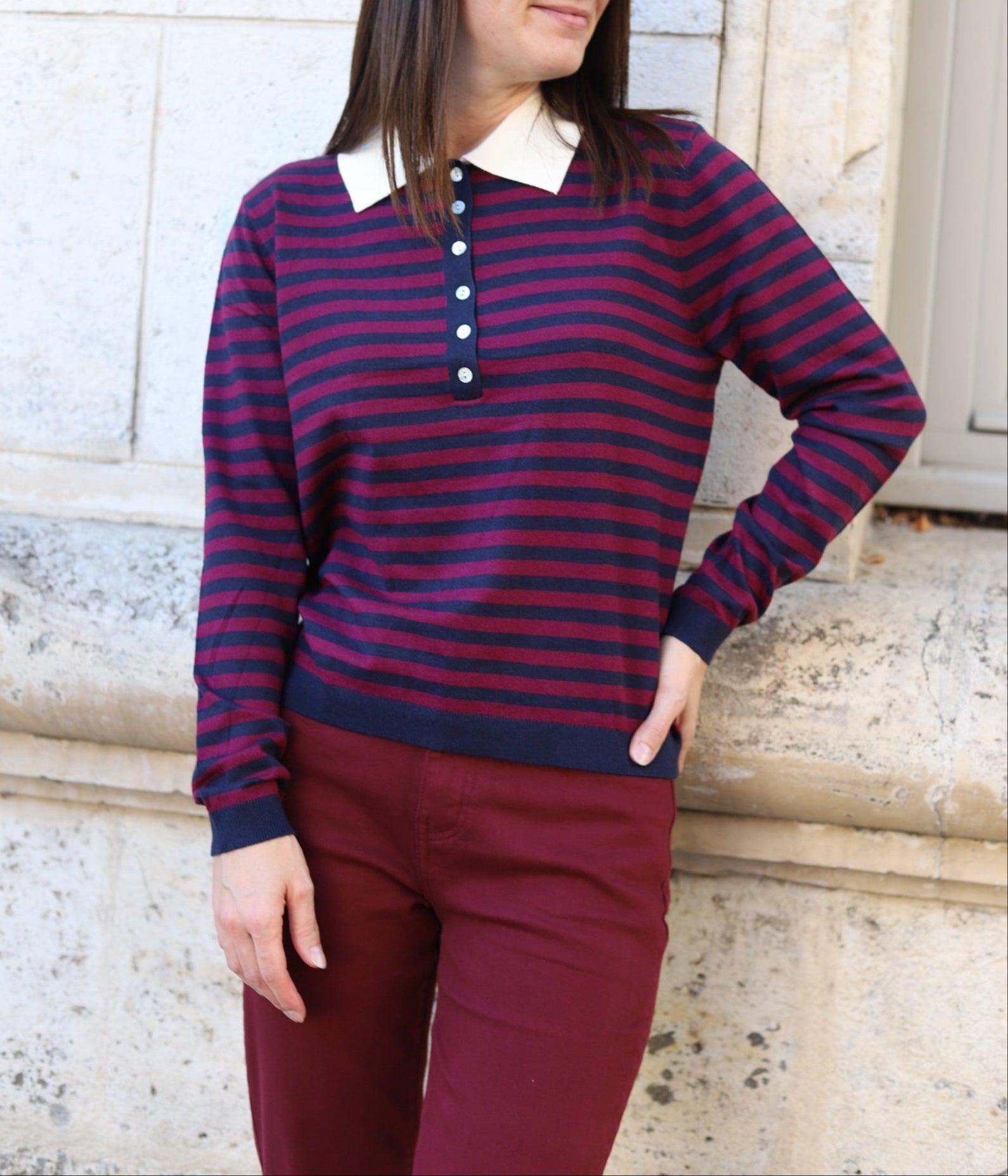 Polo marinière femme col contrasté ‒ Rayures bleu-marine & rouge intemporelles