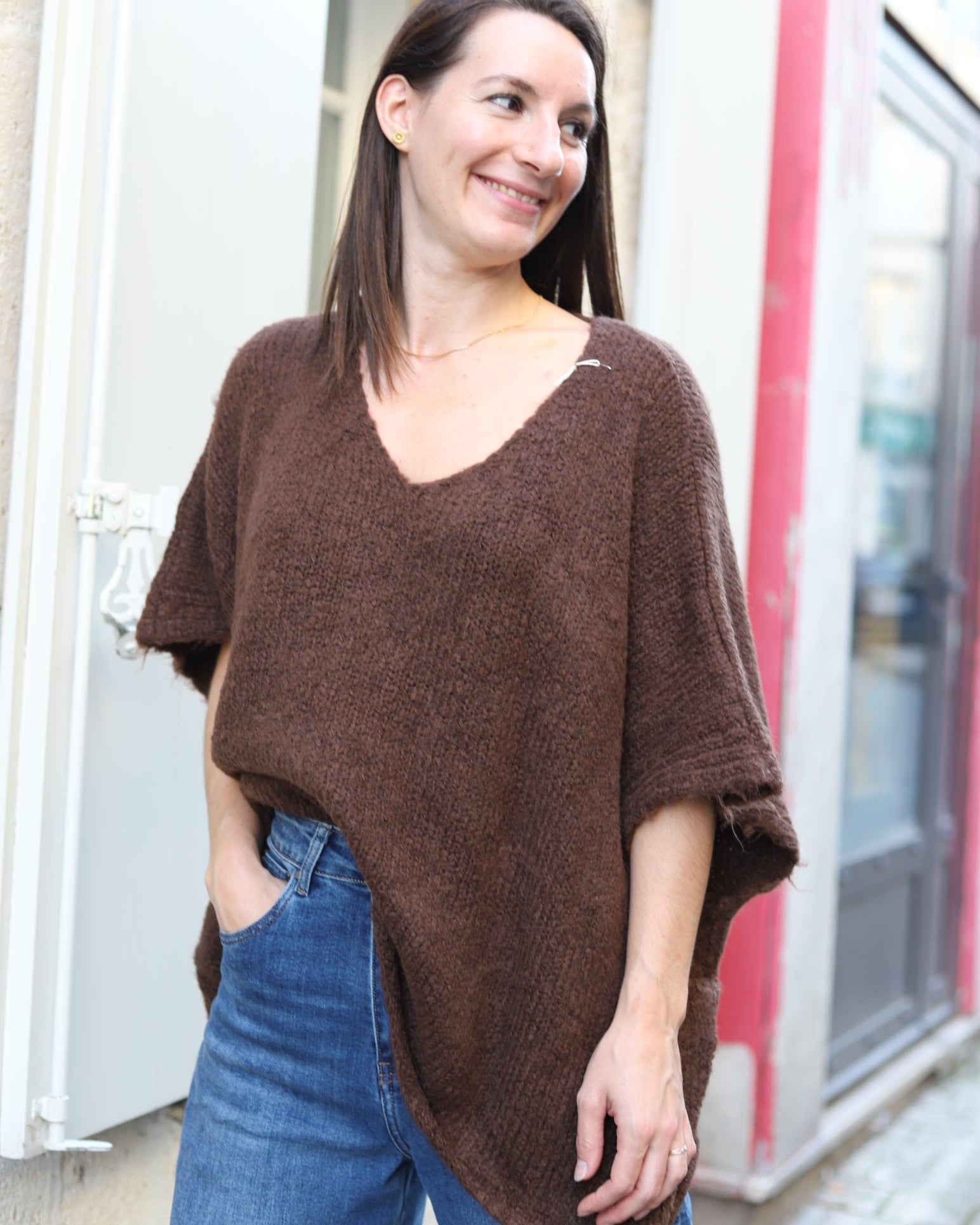 Pull Oversize en Maille Col V – marron| Made in Italy