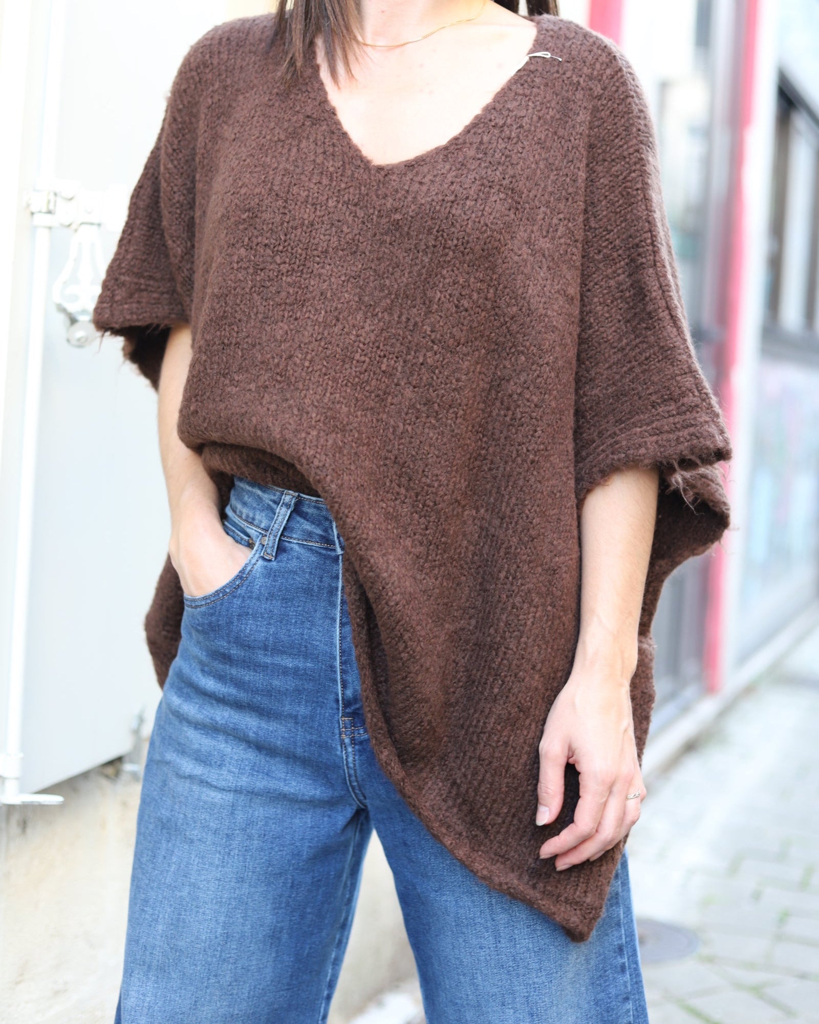 Pull Oversize en Maille Col V – marron| Made in Italy