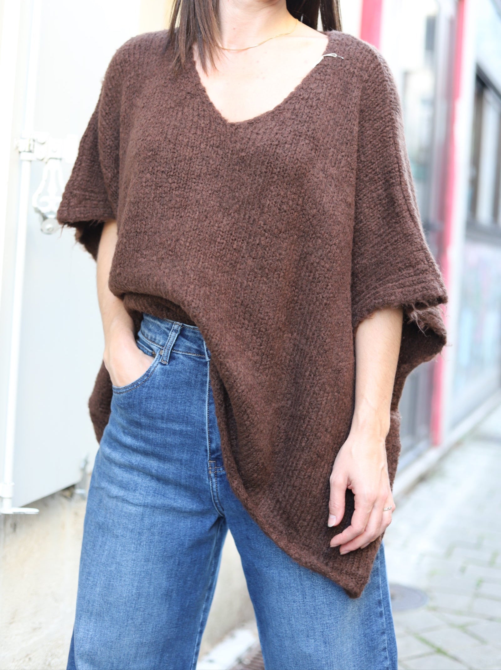 Pull Oversize en Maille Col V – marron| Made in Italy