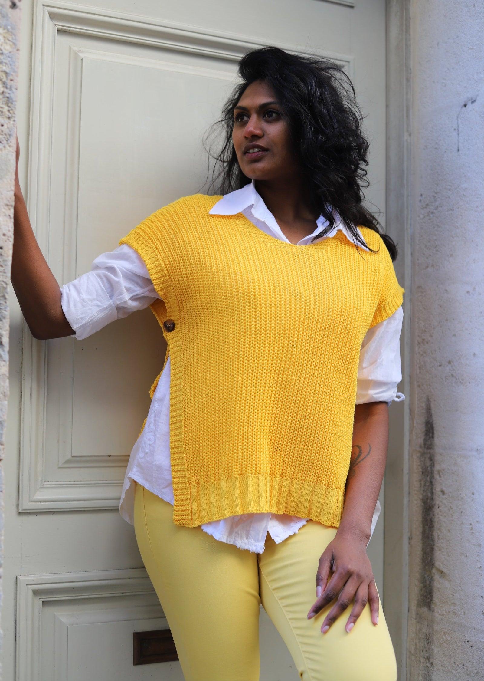 Pull Sans Manches en Maille Coton jaune - beautifulshop - boutique femme sur Angoulême