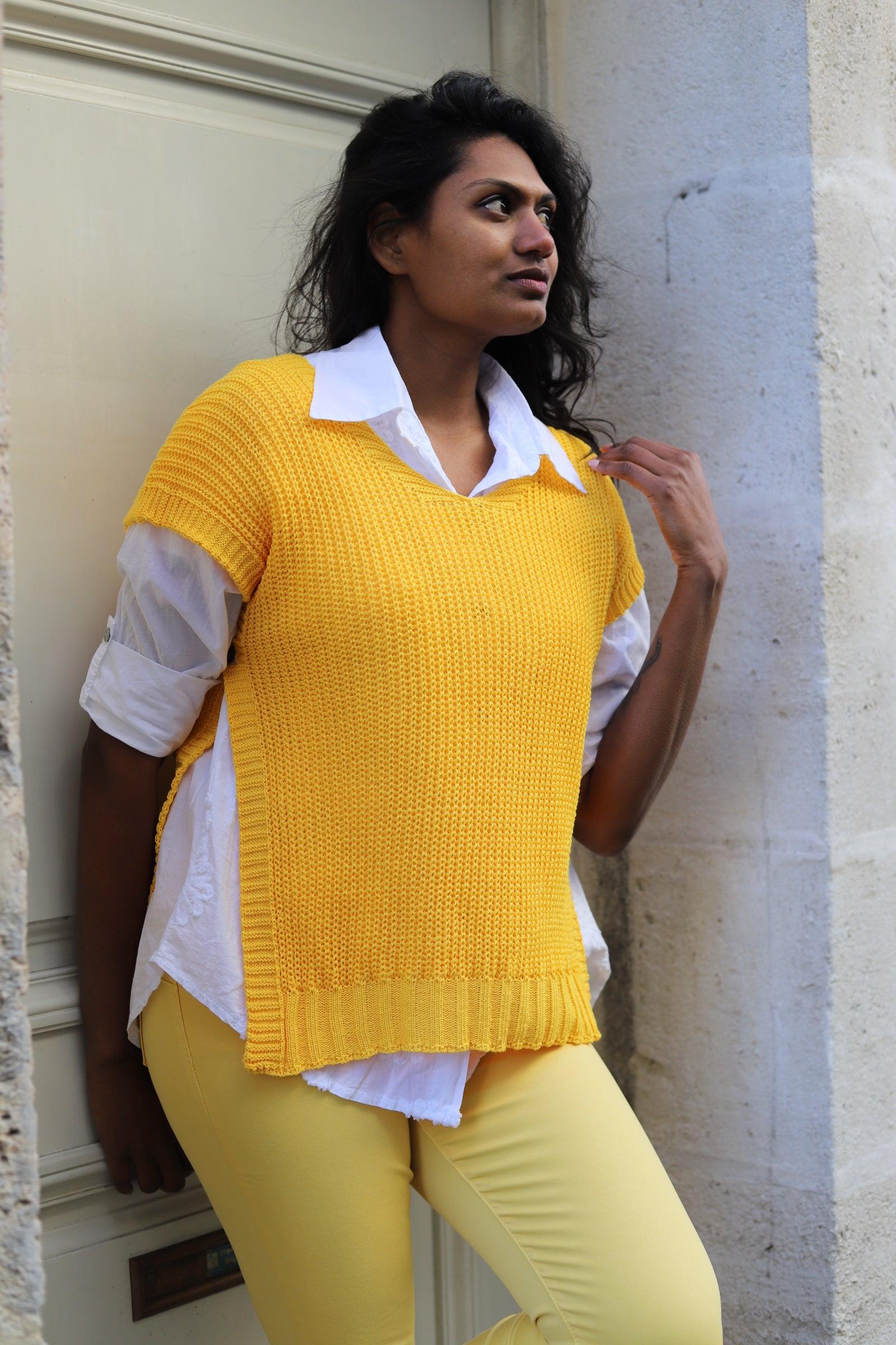 Pull Sans Manches en Maille Coton jaune - beautifulshop - boutique femme sur Angoulême
