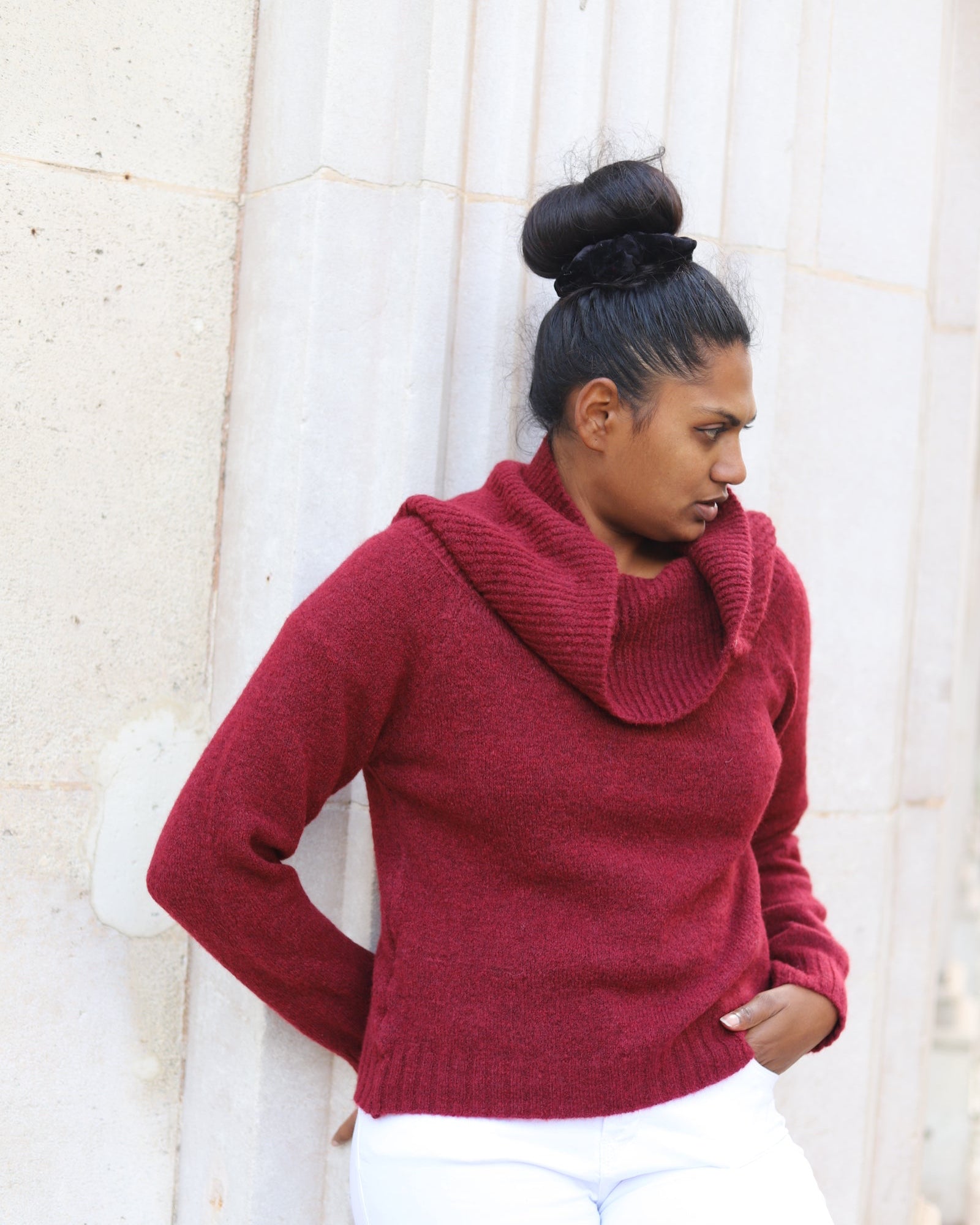 Pull bordeaux col drapé femme – Maille chaude italienne automne hiver _ beautifulshop