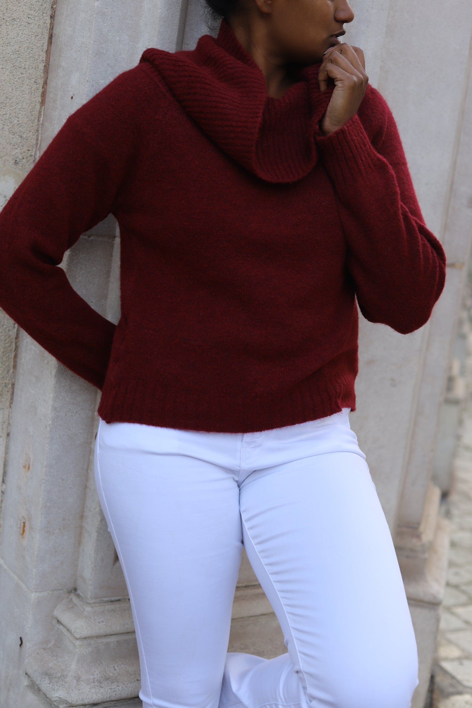 Pull bordeaux col drapé femme – Maille chaude italienne automne hiver _ beautifulshop