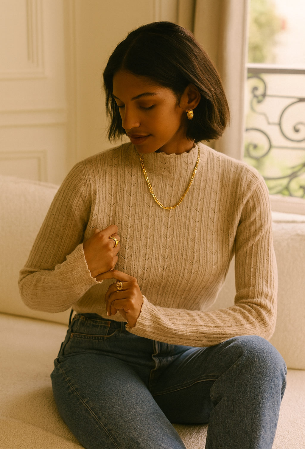 Pull col montant ajouré femme – Maille douce & détails festonnés