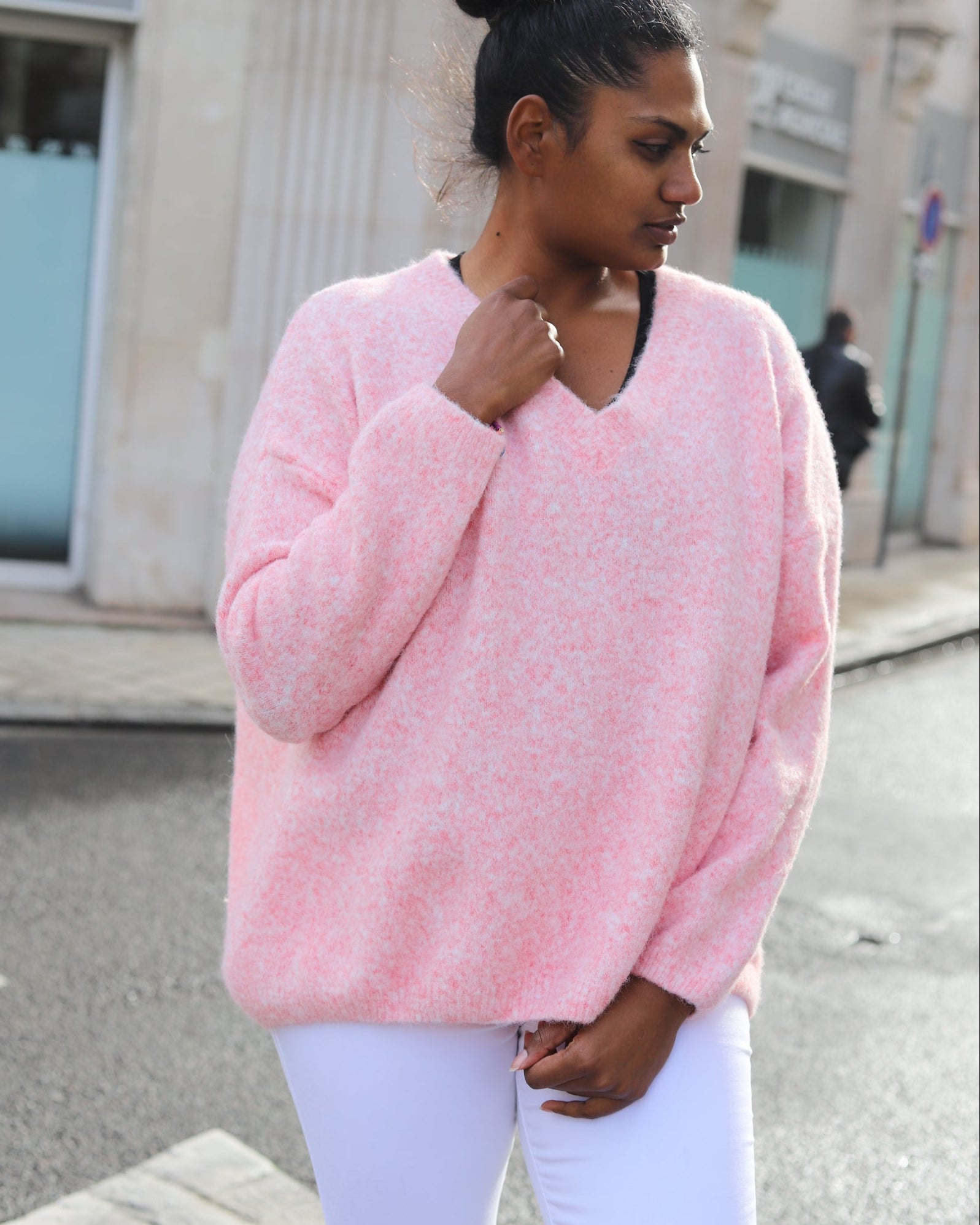 Pull oversize rose col V femme – beautiful shop