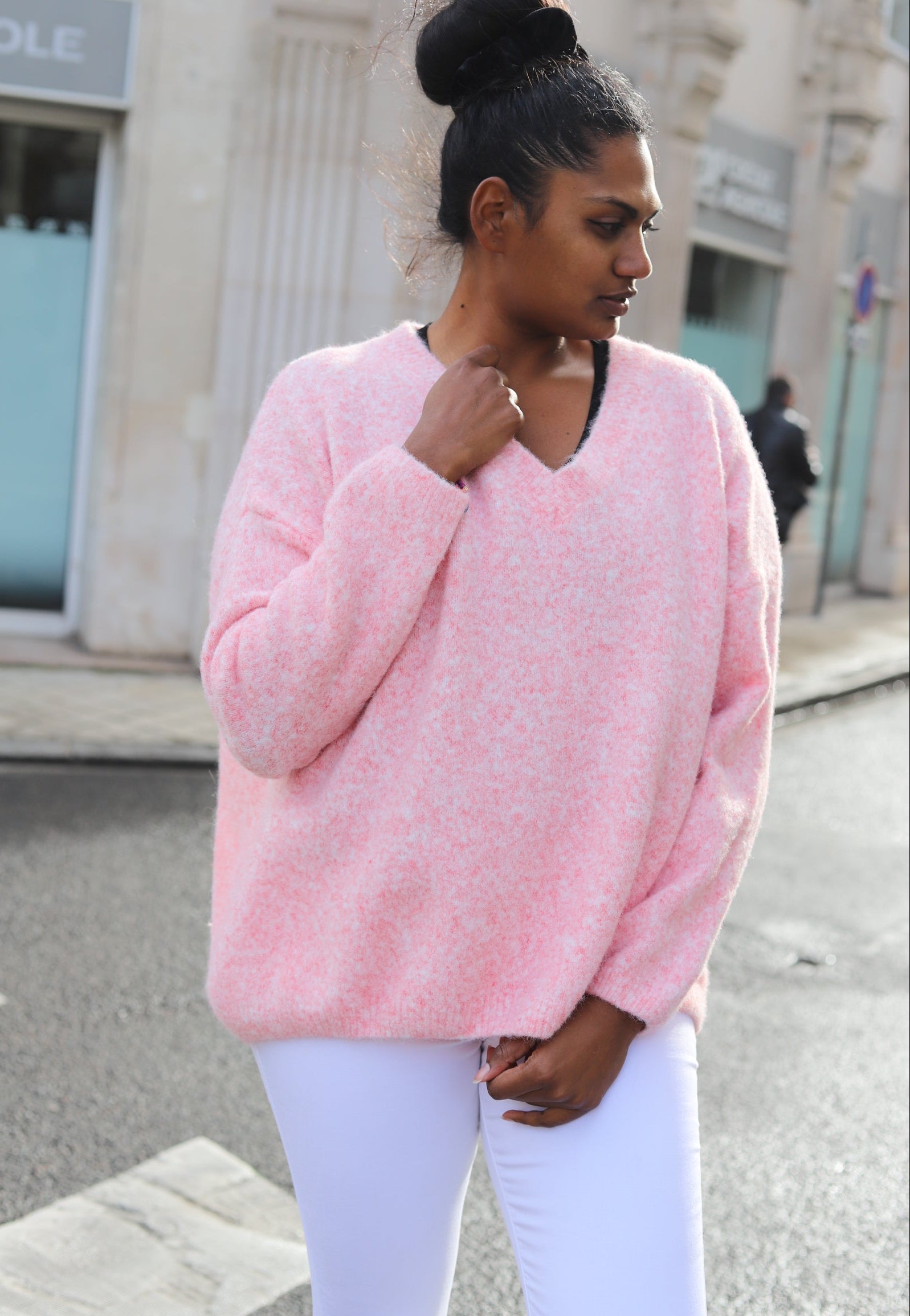 Pull oversize rose col V femme – beautiful shop