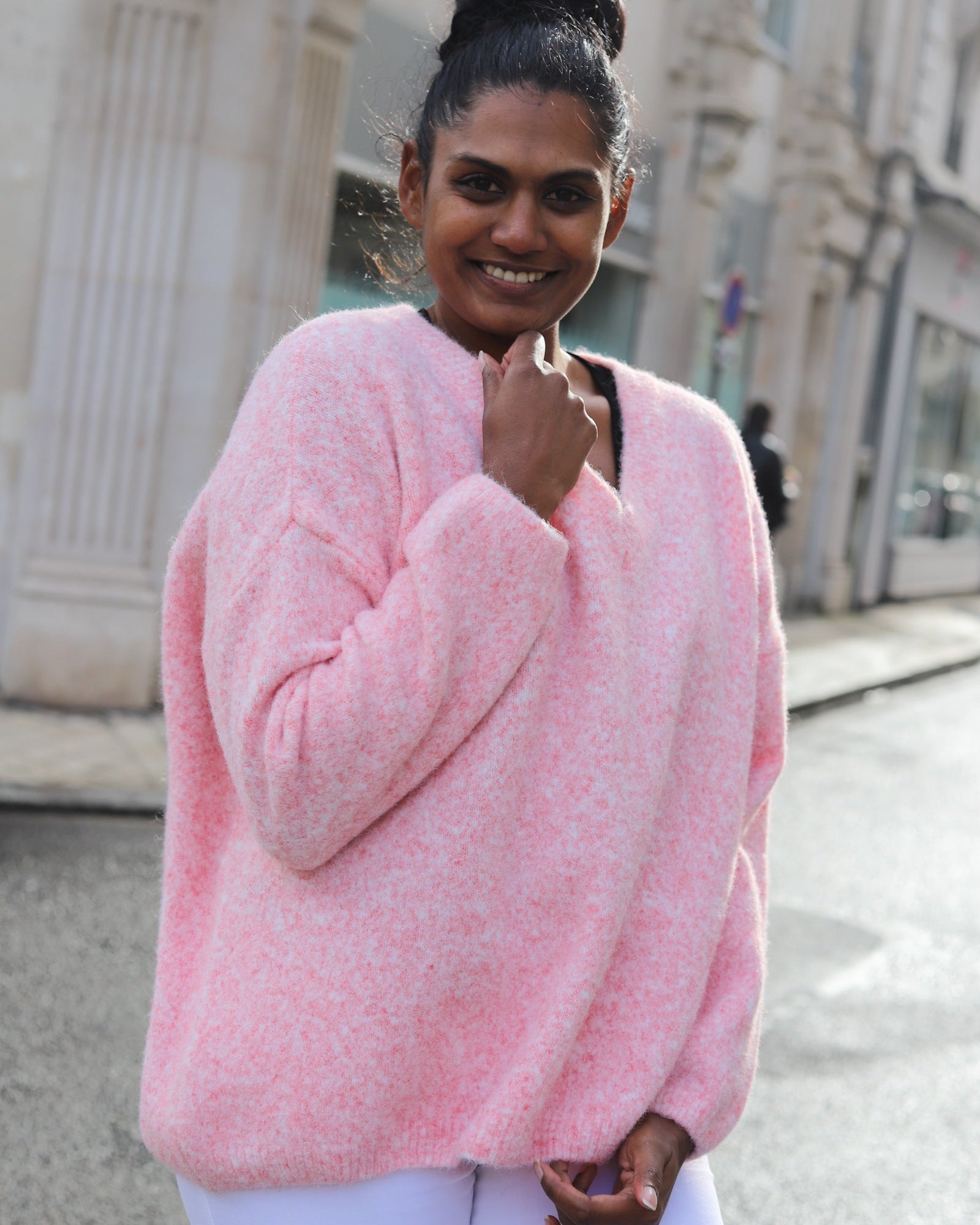 Pull oversize rose col V femme – beautiful shop