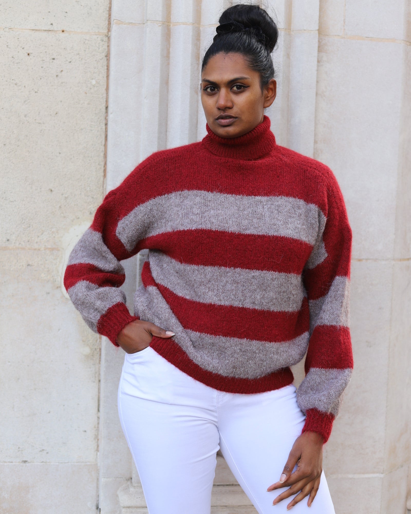 Pull rayé vert col roulé femme – Maille chaude - beautifulshop