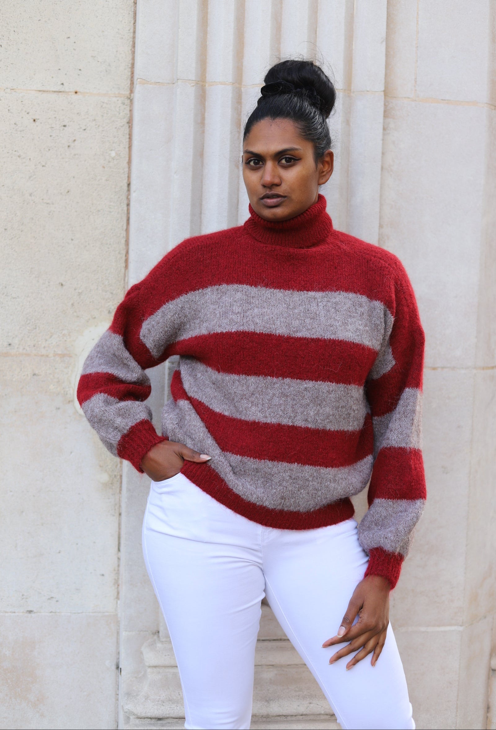 Pull rayé vert col roulé femme – Maille chaude - beautifulshop