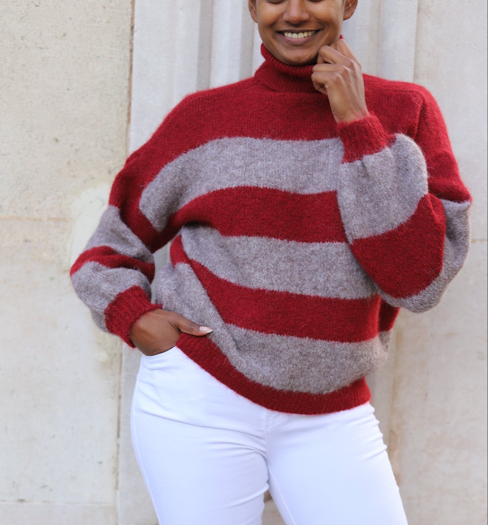 Pull rayé vert col roulé femme – Maille chaude - beautifulshop