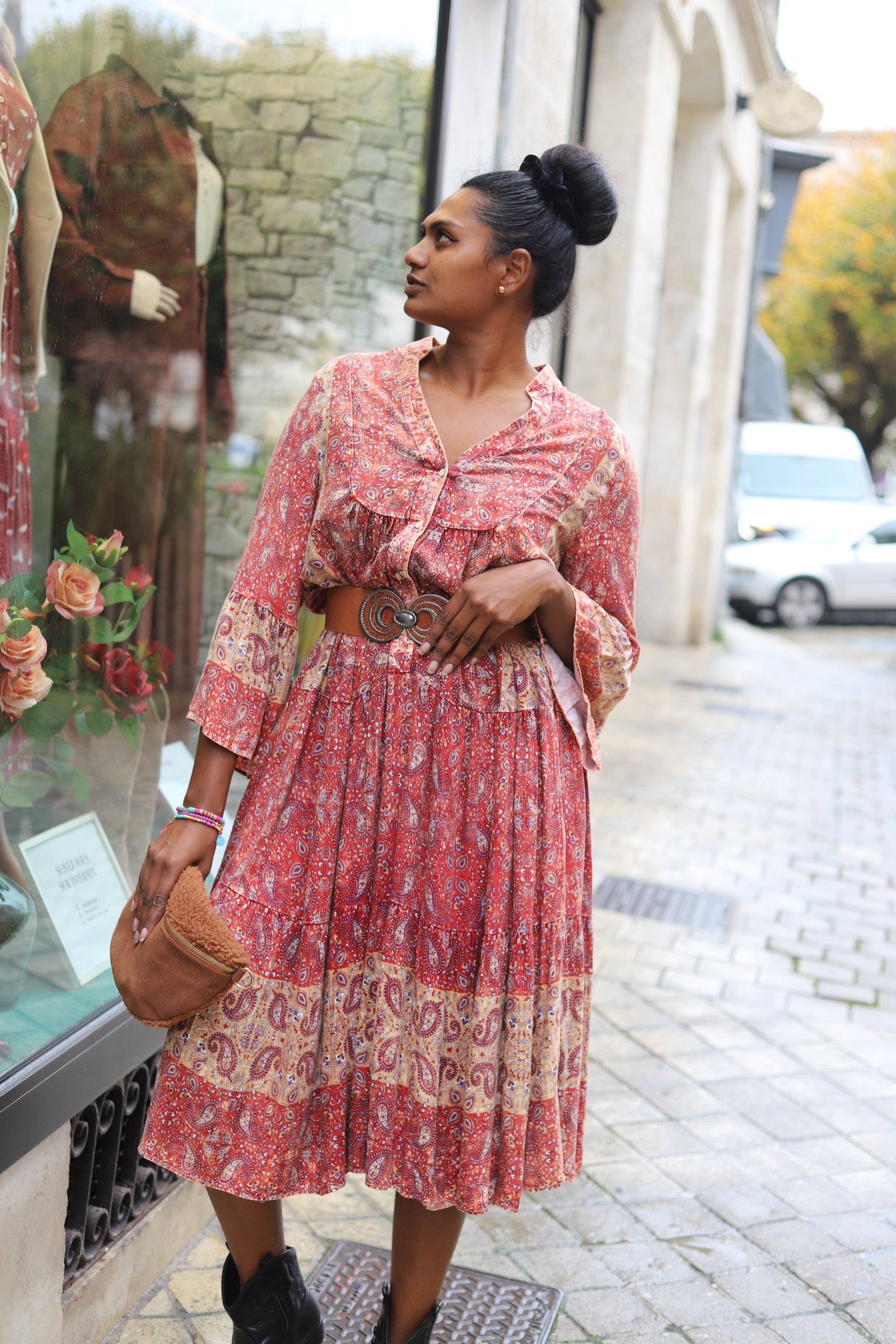 Robe Bohème Imprimée Marron-beautifulshop