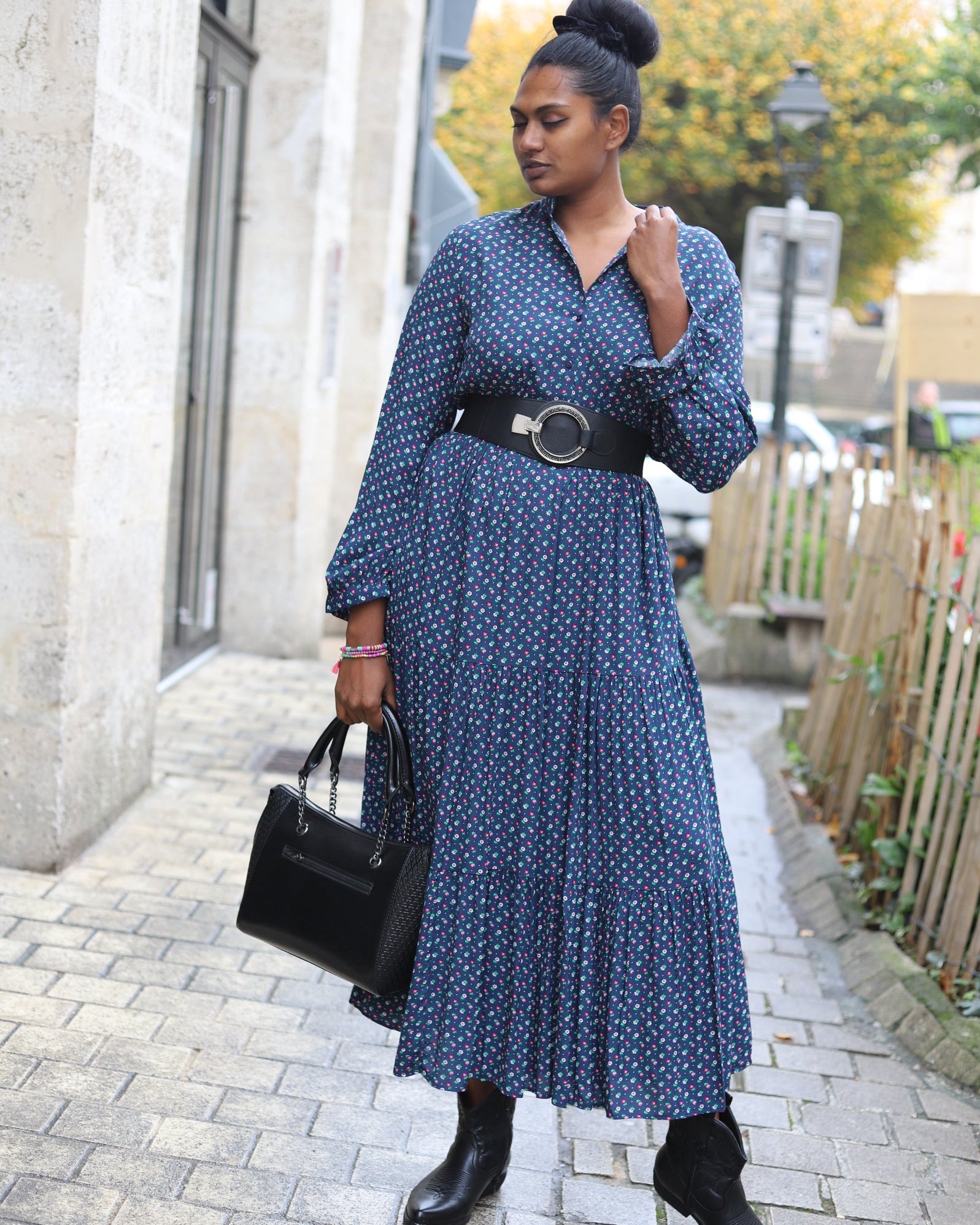 Robe Chemise Longue Bleu Imprimé Fleuri – Style Bohème Chic-beautifulsop