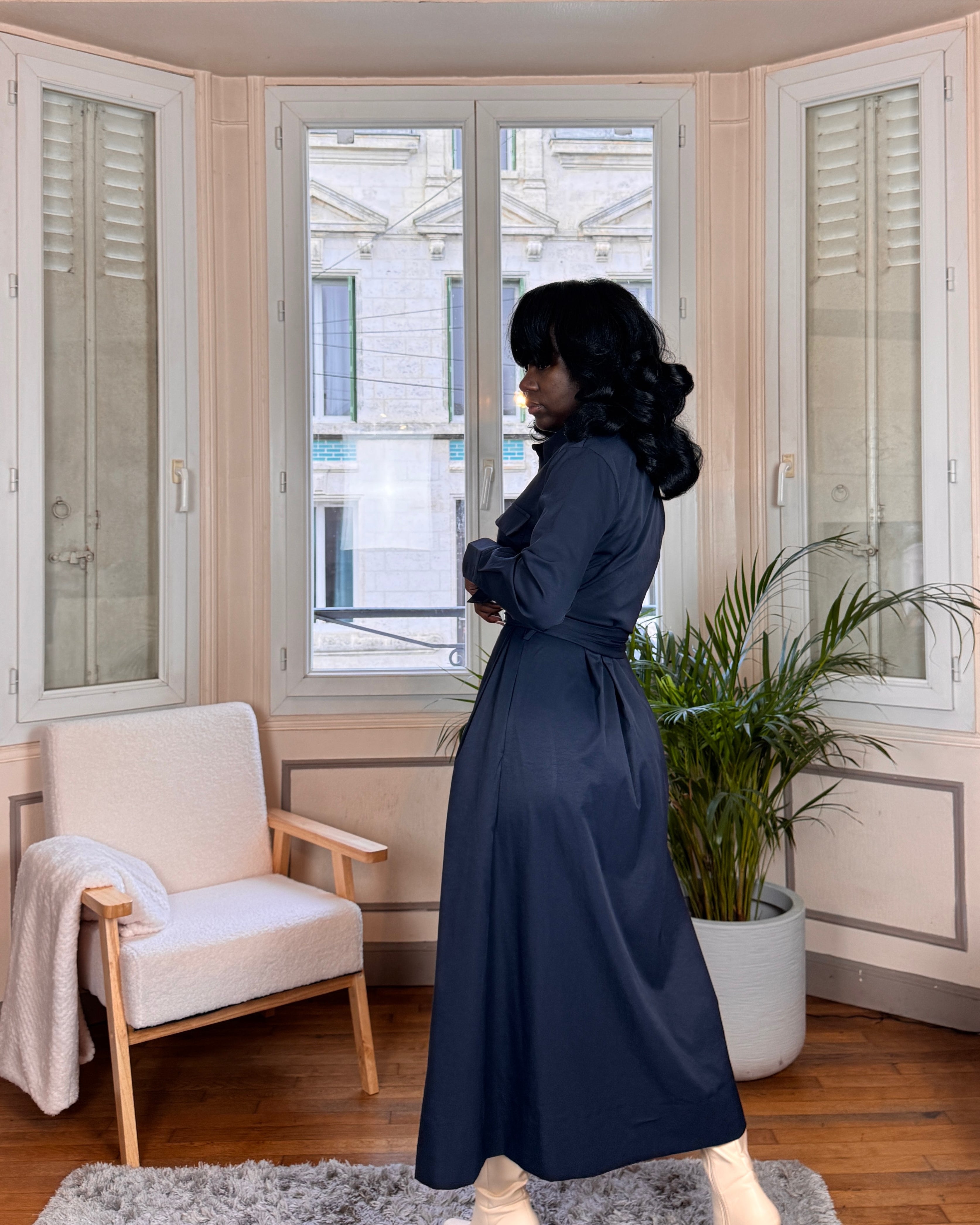 Robe Chemise Longue Bleu Marine – Élégance Structurée & Intemporelle-beautifulshop