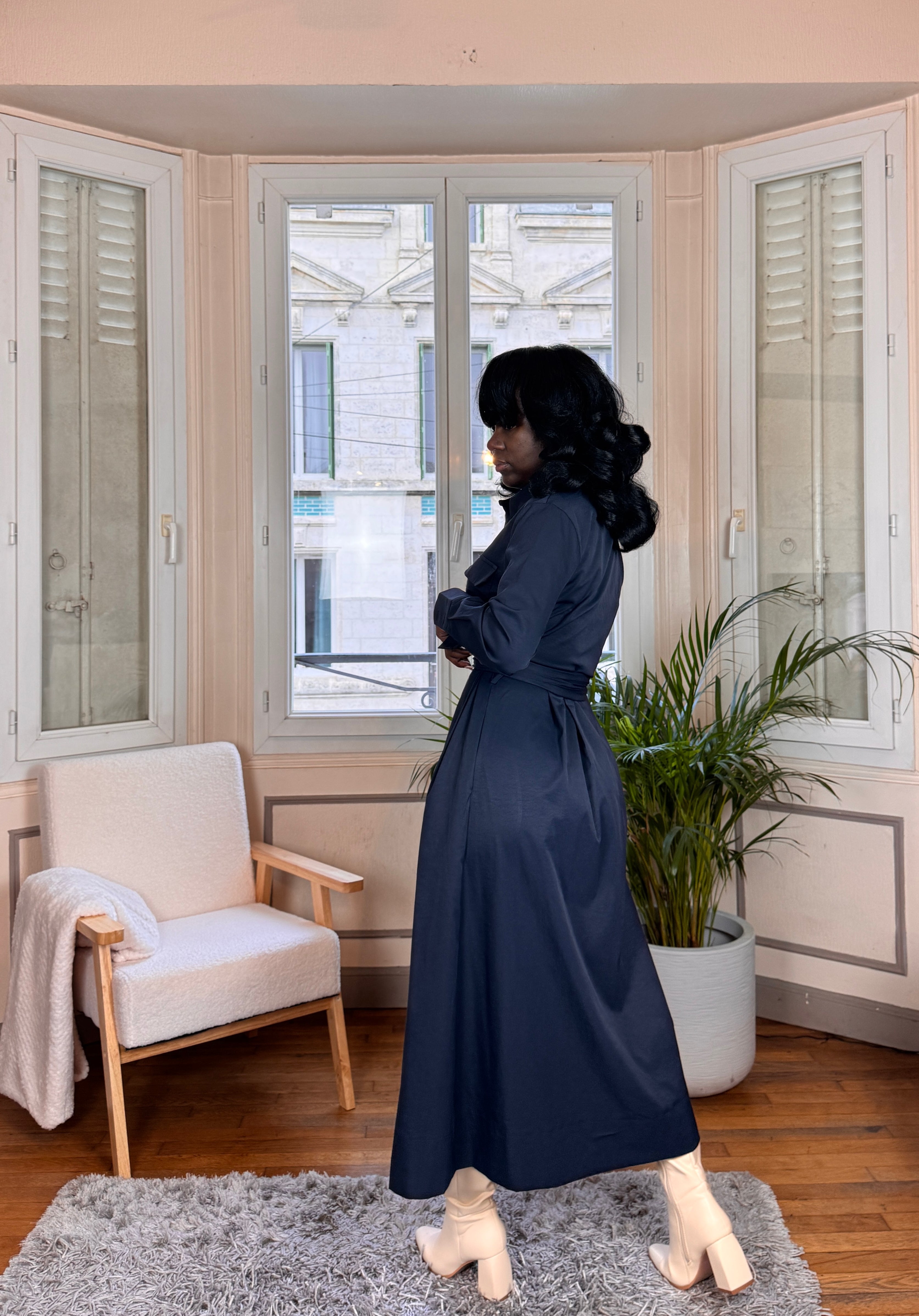 Robe Chemise Longue Bleu Marine – Élégance Structurée & Intemporelle-beautifulshop